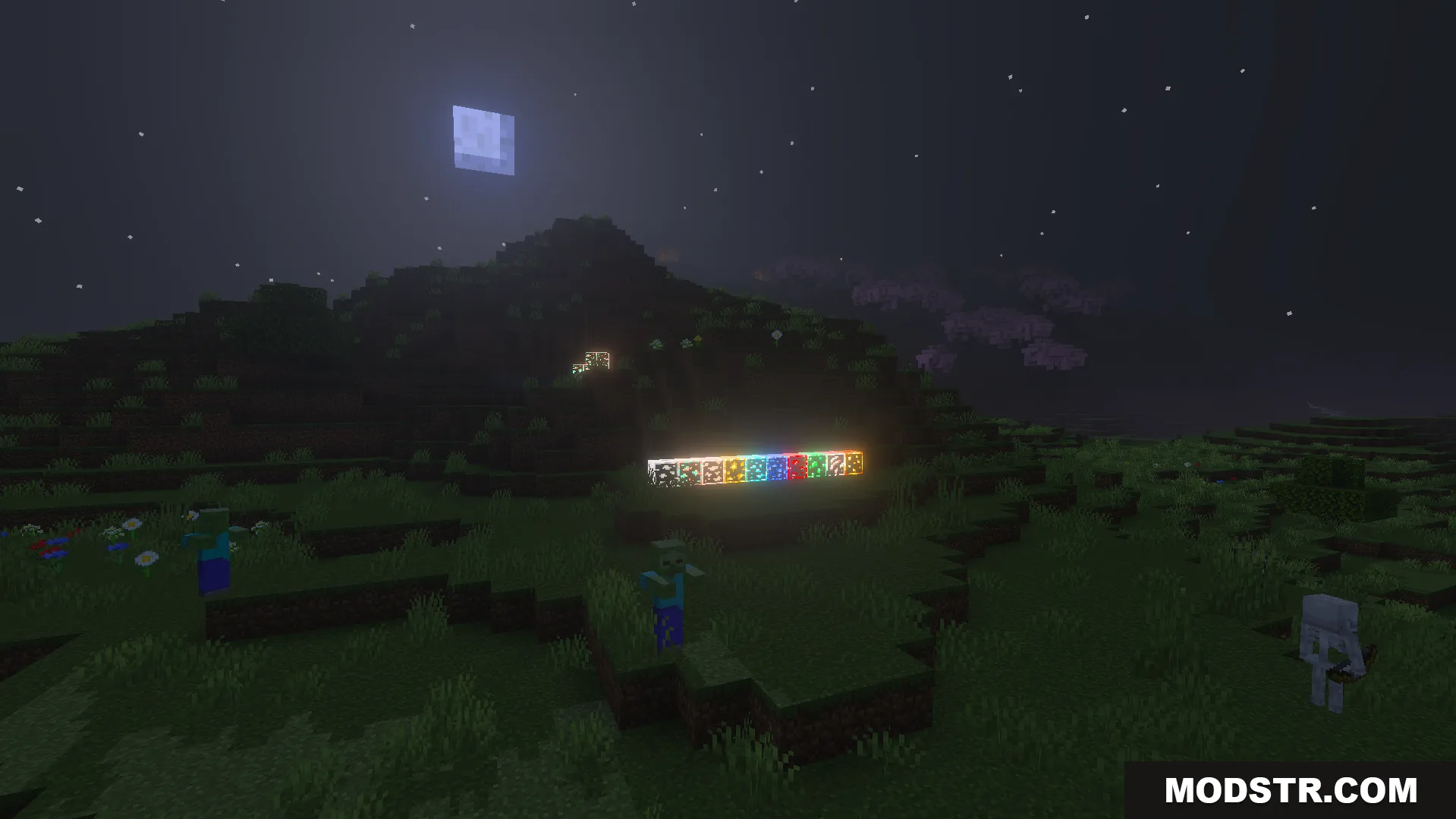 Outlined and Glowing Ores Texture Pack Screenshot 6 Various types of glowing ores placed outside at night near mobs