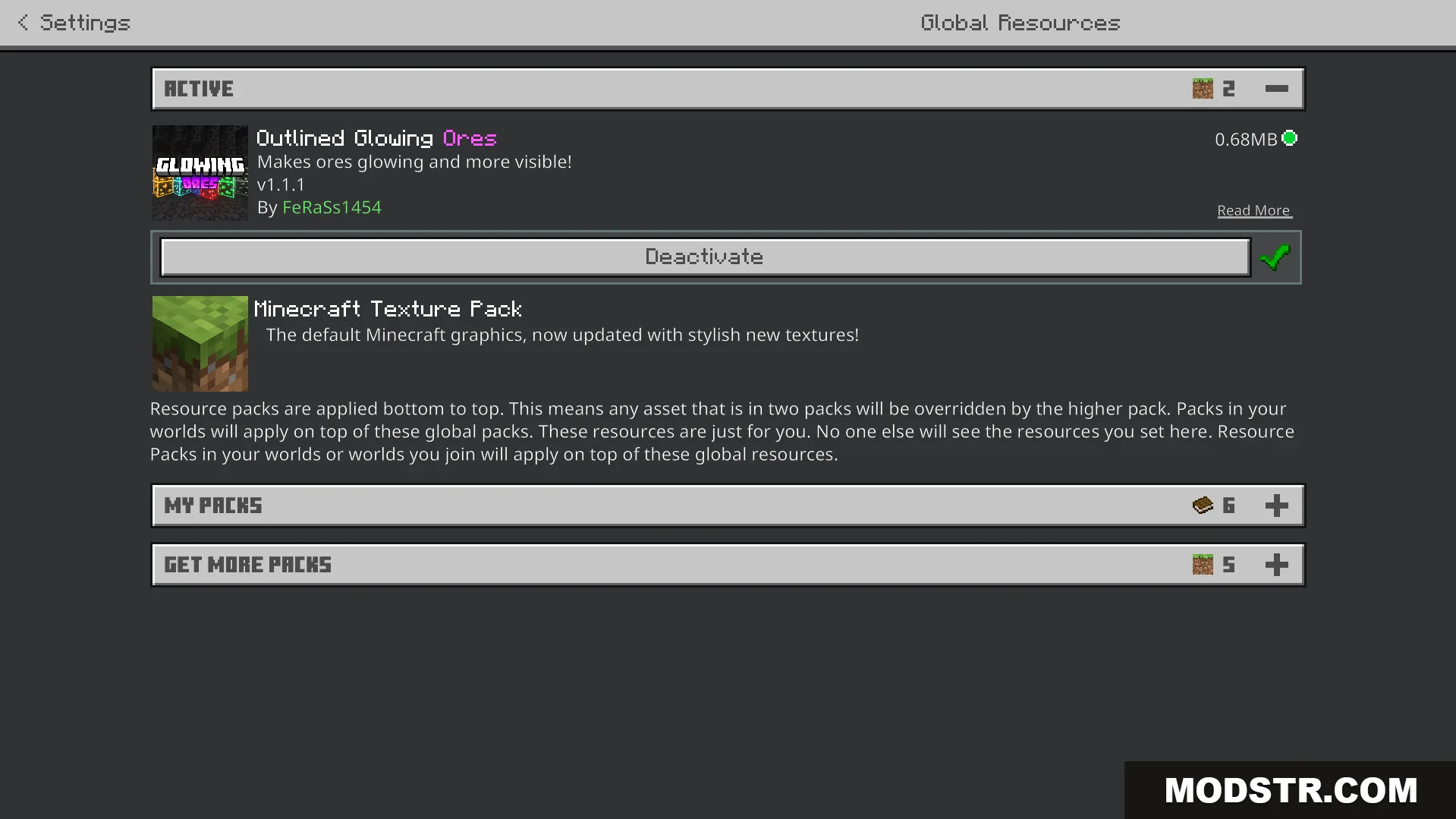 Outlined and Glowing Ores Texture Pack Screenshot 1 settings menu showing outlined glowing ores pack activated in global resources