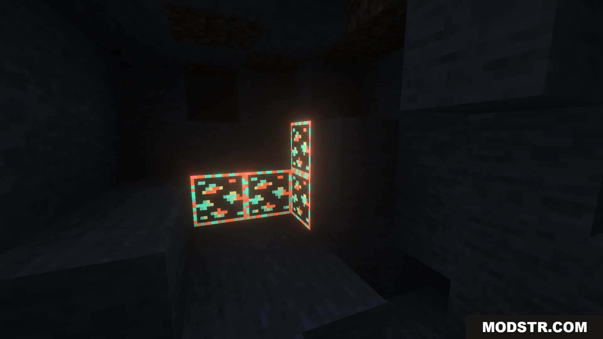 Outlined and Glowing Ores Texture Pack Screenshot 5 Glowing diamond ores with bright borders in a dark cave