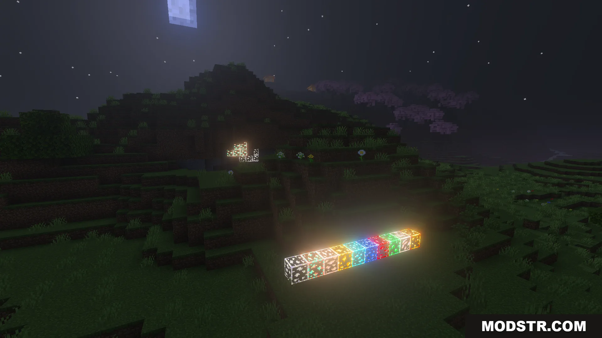 Outlined and Glowing Ores Texture Pack Screenshot 7 glowing outlined ore blocks shining brightly on the grass at night