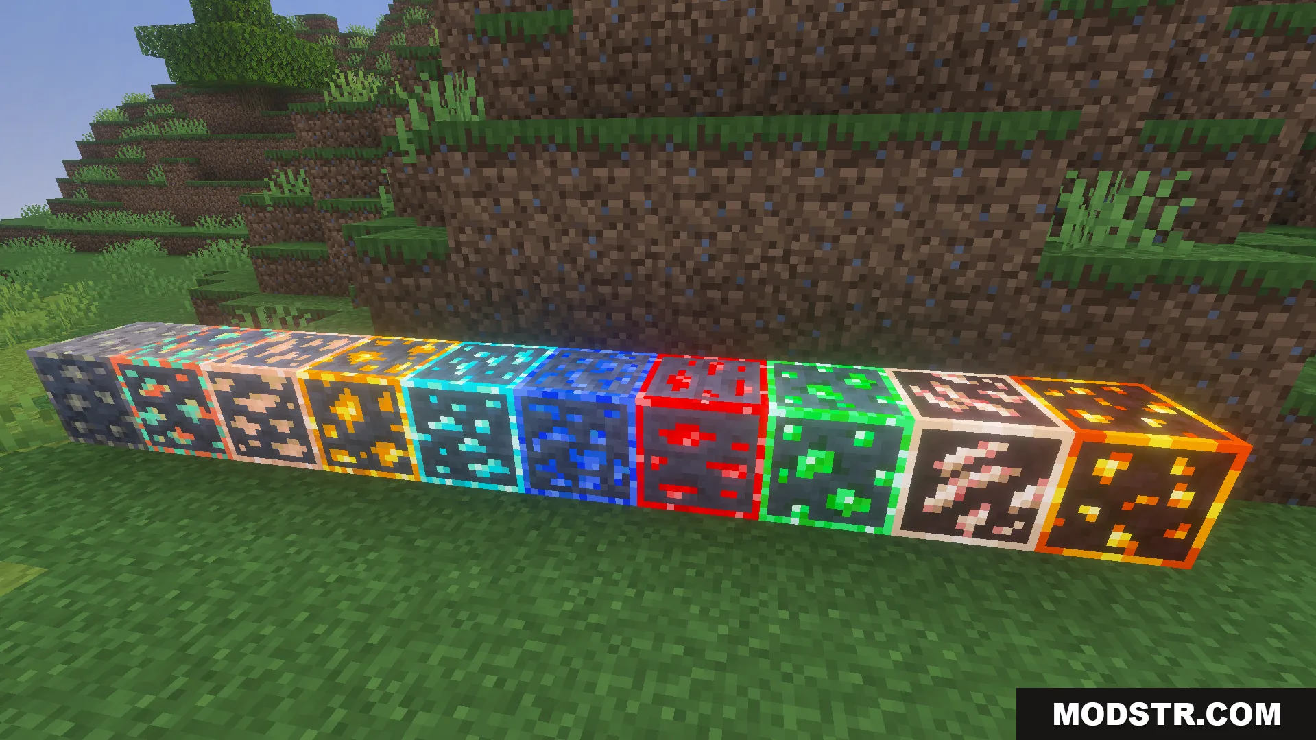 Outlined and Glowing Ores Texture Pack Screenshot 2 row of various minecraft ore blocks displaying bright glowing colored outlines
