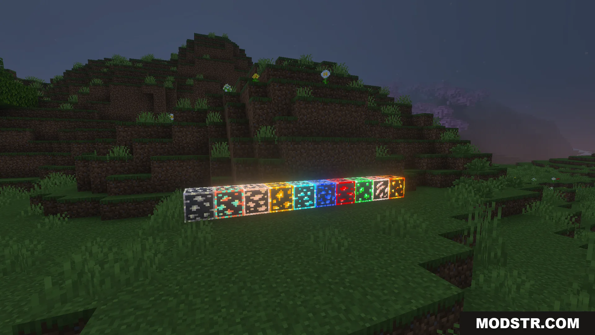 Outlined and Glowing Ores Texture Pack Screenshot 3 Row of different ore blocks shining brightly with glowing outlines at night