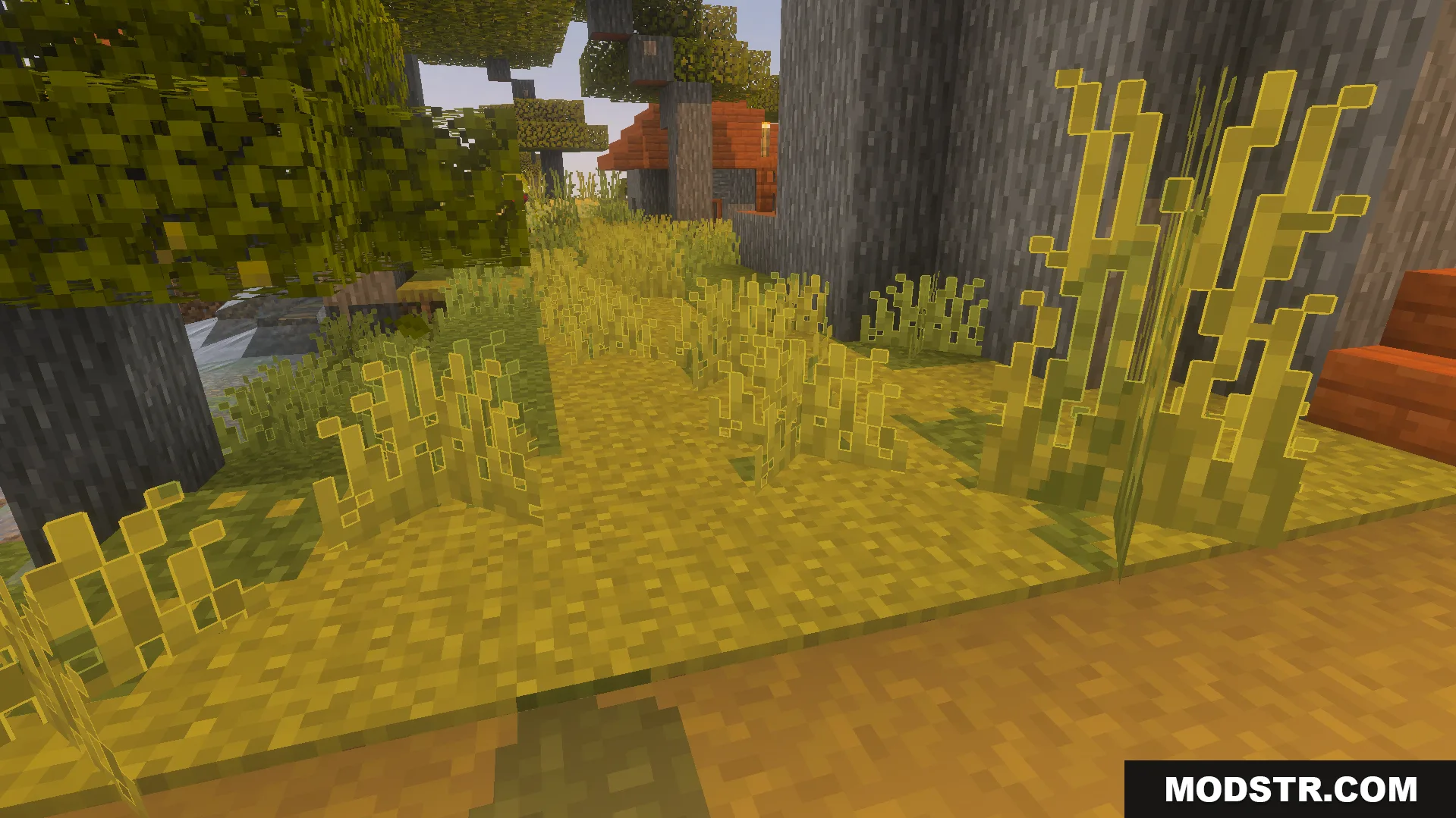 Outlined Grass Texture Pack Screenshot 1 Tall grass with white outlines in a savanna biome