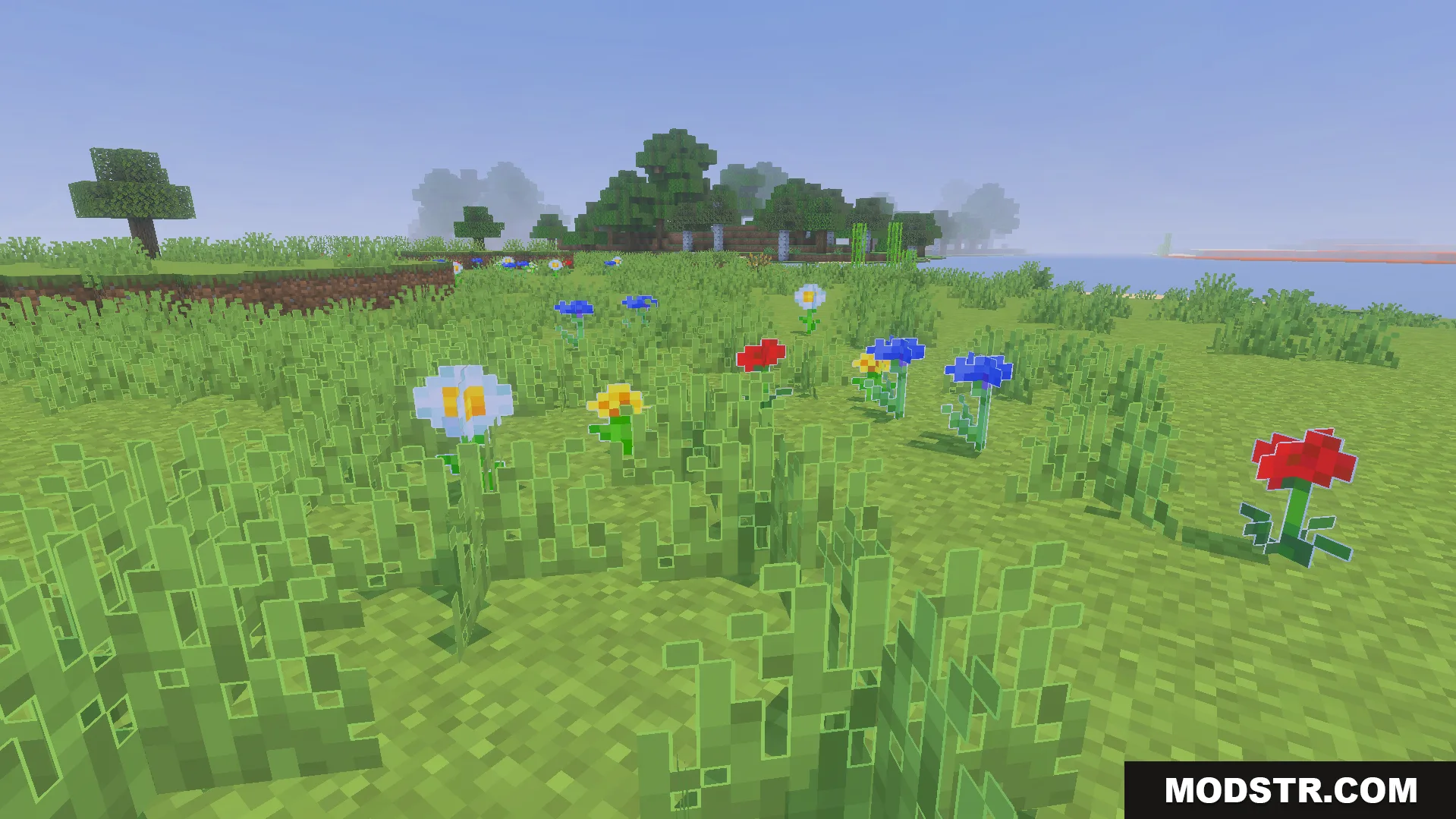 Outlined Grass Texture Pack Screenshot 4 Various colorful flowers and tall grass with white outlines in a field