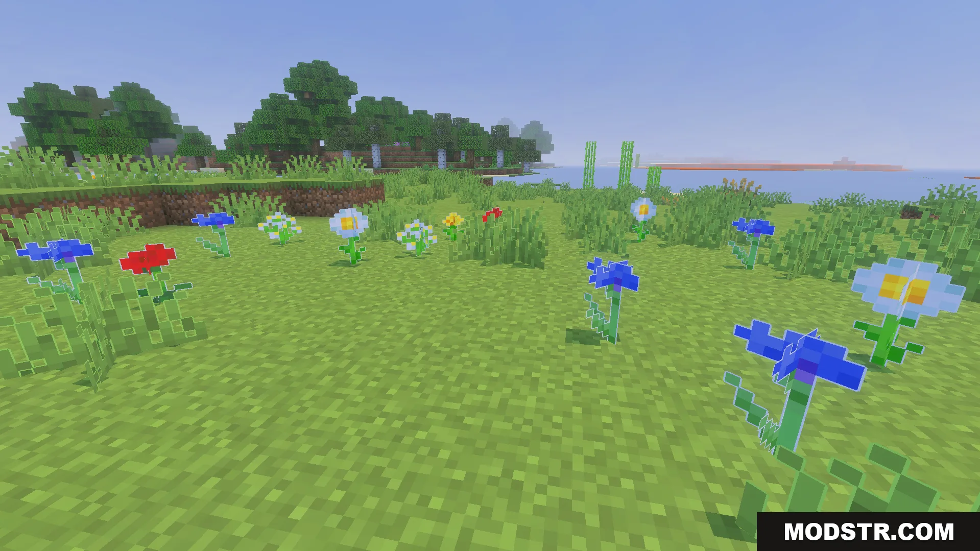 Outlined Grass Texture Pack Screenshot 5 Colorful flowers and tall grass with crisp white borders in a grassy field