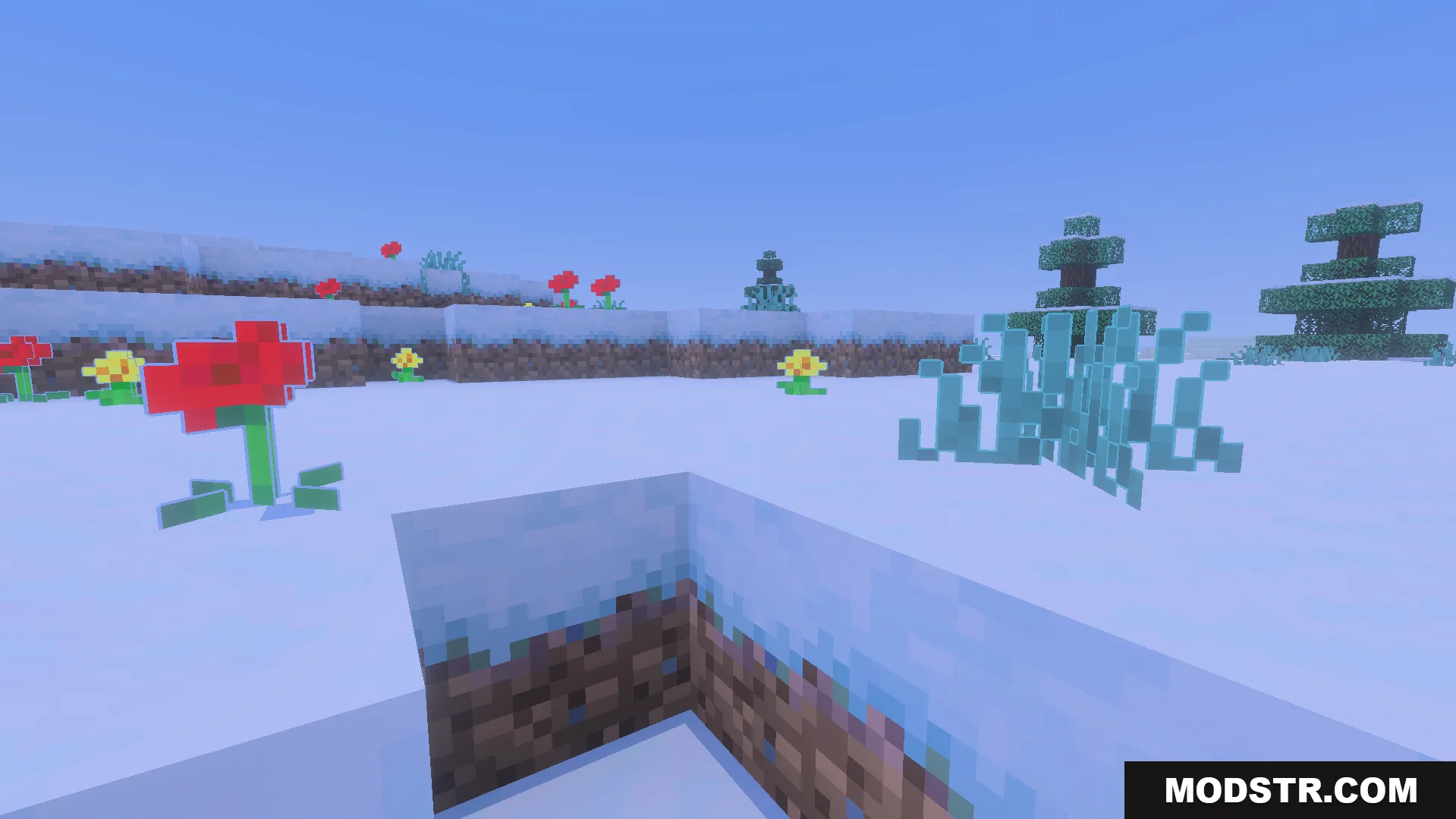 Outlined Grass Texture Pack Screenshot 8 Red and yellow flowers growing alongside blue tinted grass in snow