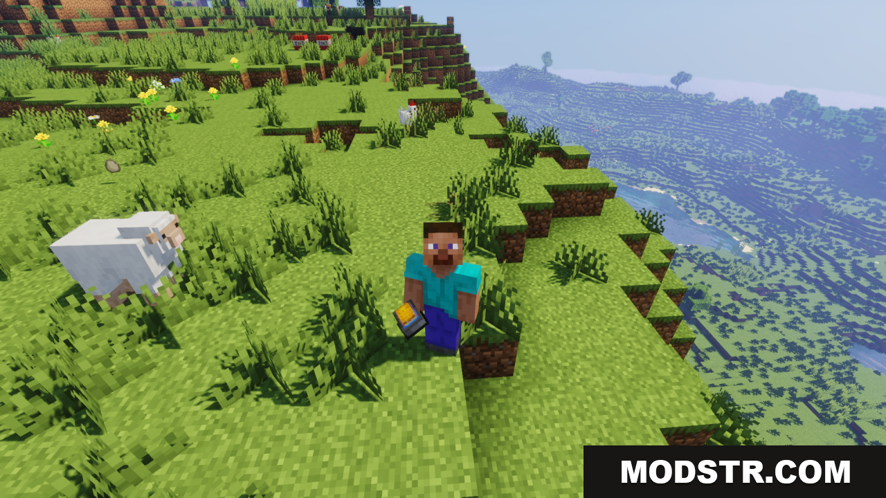 Steve holding a 3D bucket on a grassy hill