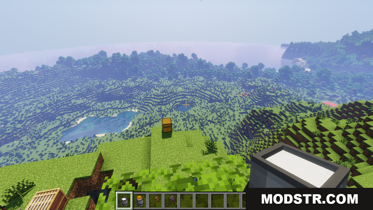 First person view holding a 3D bucket overlooking a valley