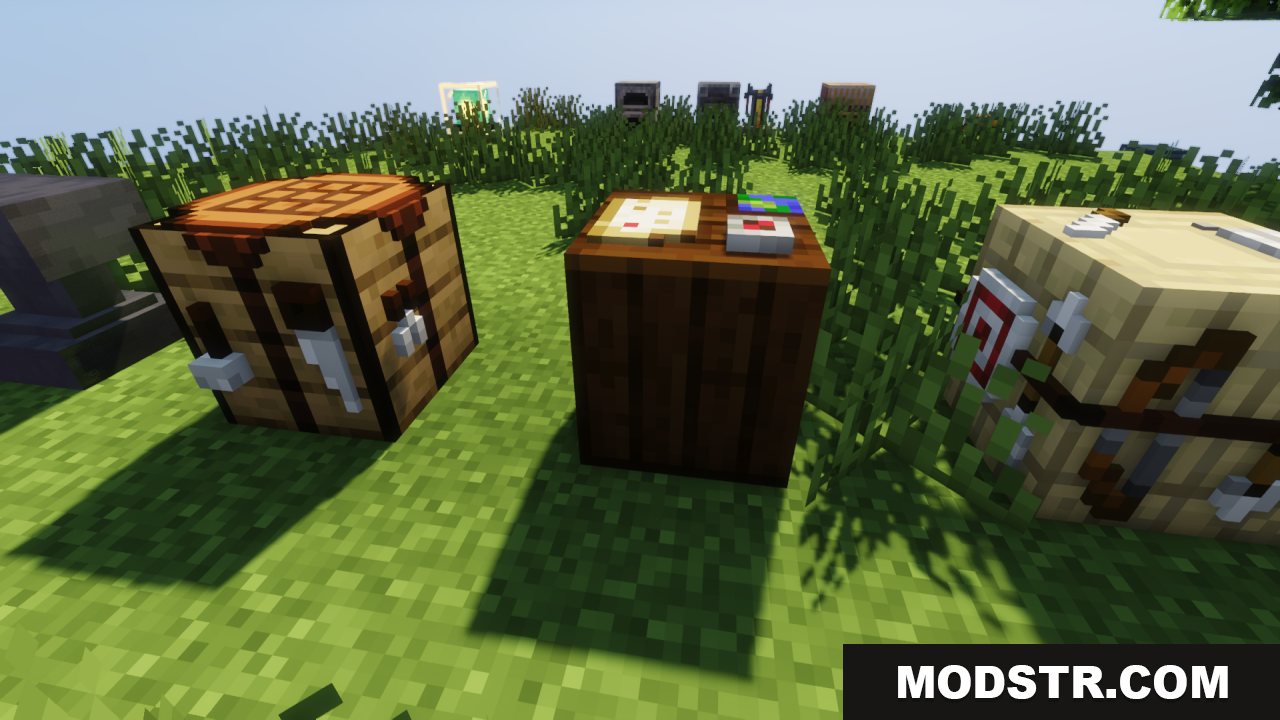 3D crafting, cartography, and fletching tables on grass