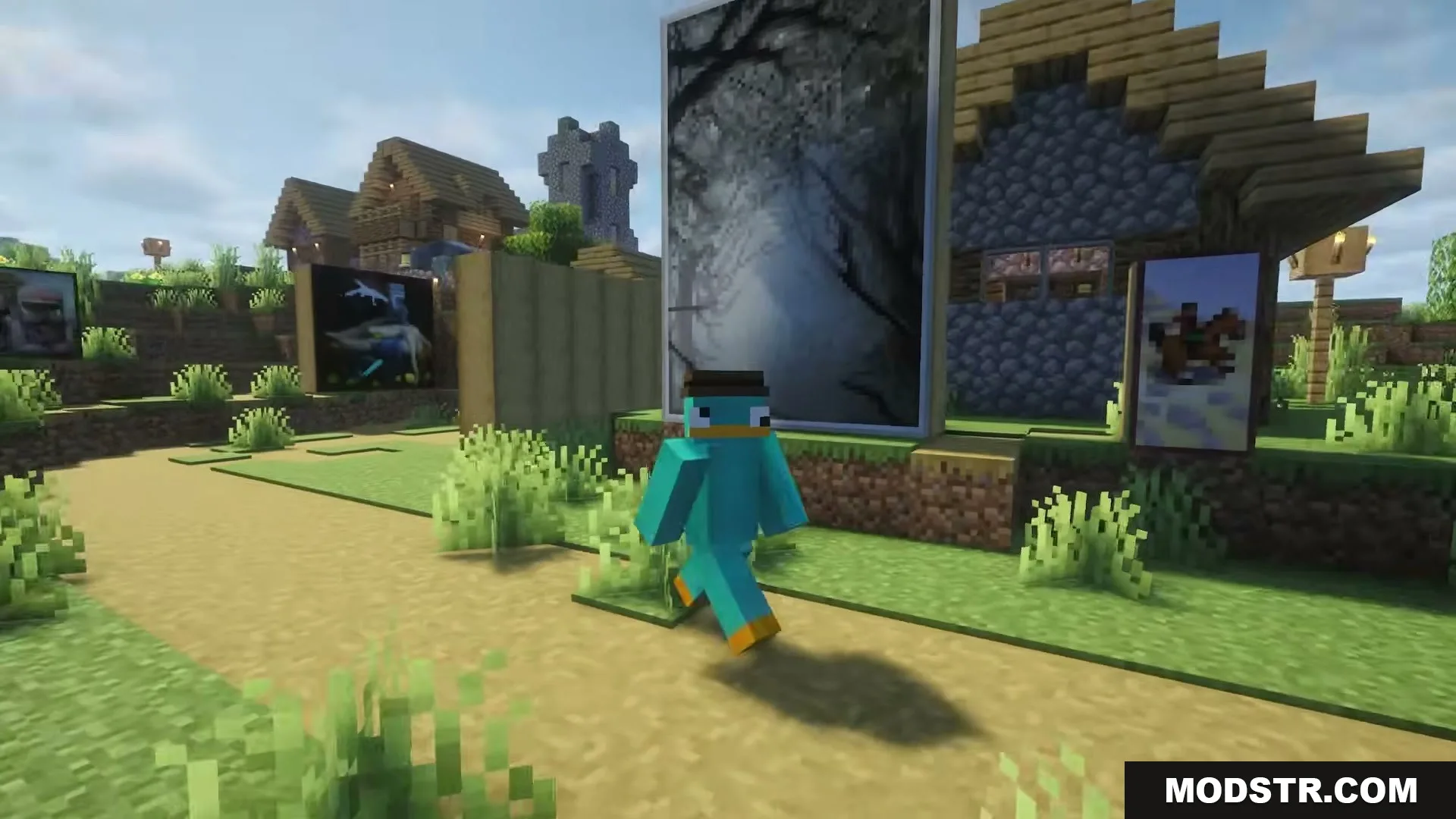Player with platypus skin walking past large decorative paintings in a Minecraft village