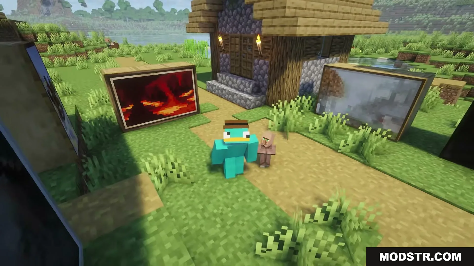 Character with platypus skin standing between two large paintings from Painters Inc Mod