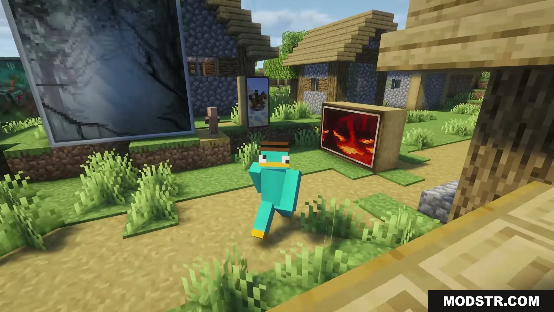 Perry the Platypus character walks past several large custom paintings in a village