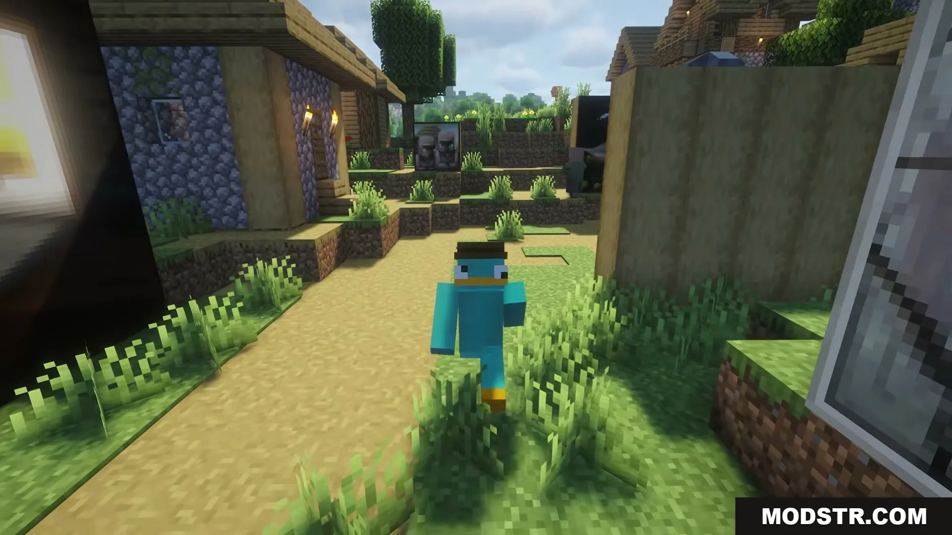 A player explores a village decorated with many different styles of custom paintings