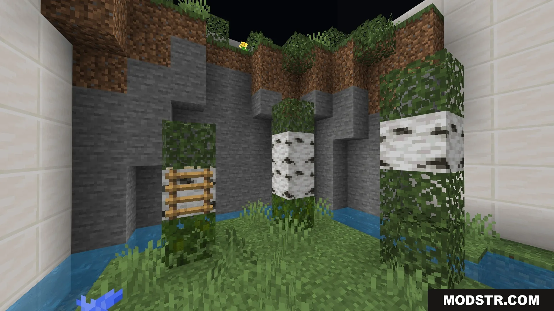 Parkour a Map Screenshot 7 A parkour level featuring birch logs and stone walls inside a quartz room