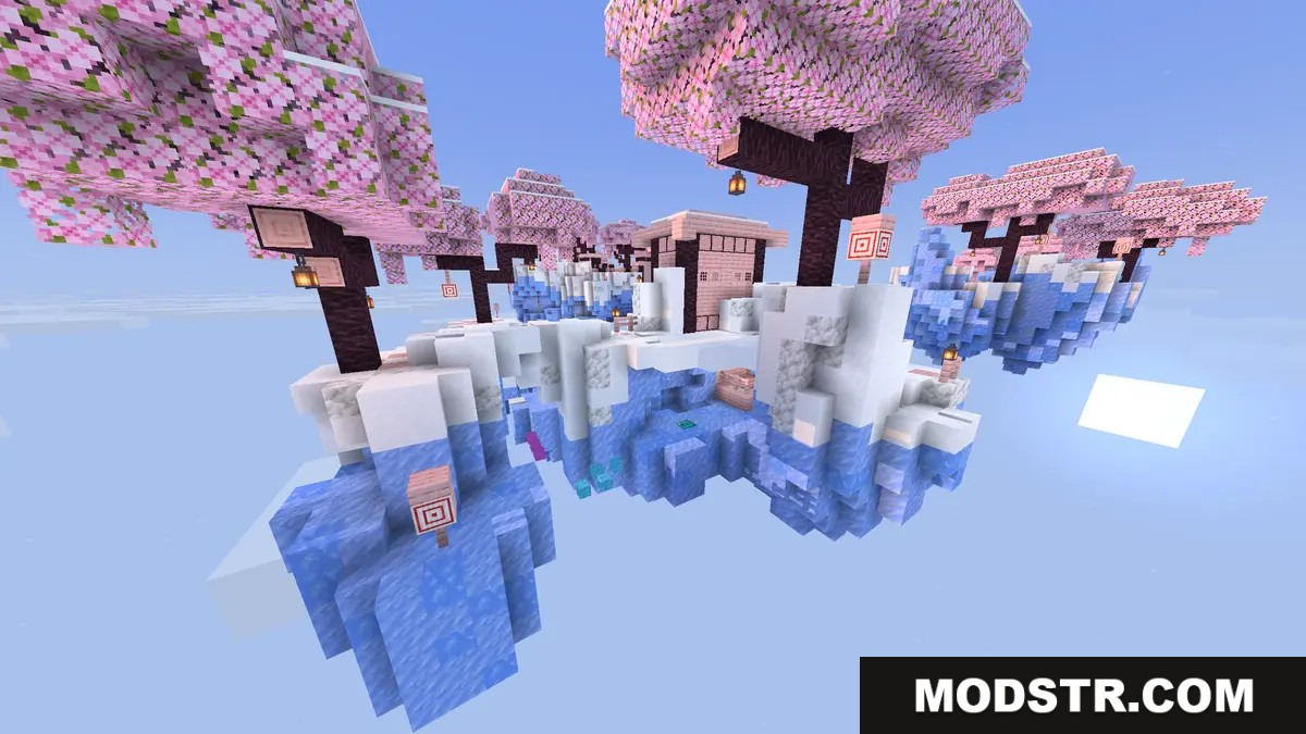 Snowy floating islands featuring ice blocks and pink cherry blossom trees