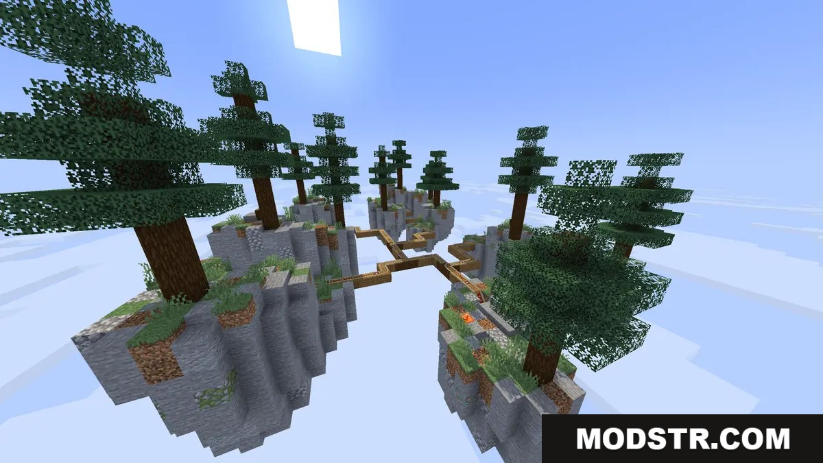 Floating forest islands connected by wooden paths with tall spruce trees