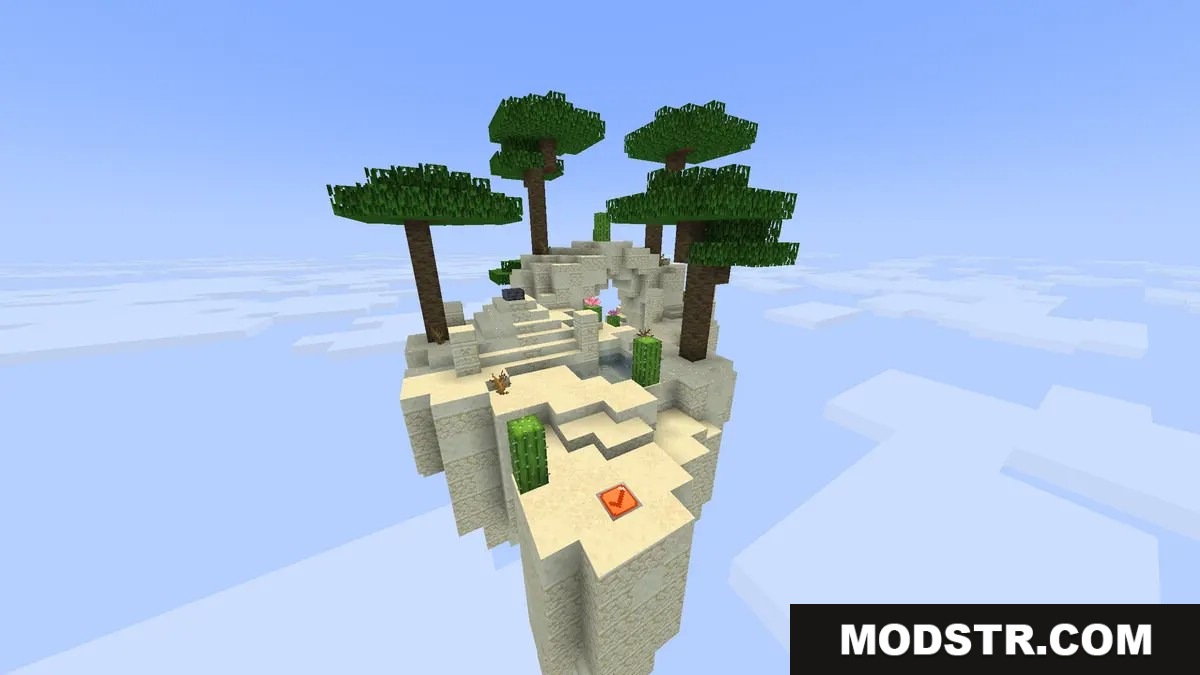 Desert parkour island featuring sand blocks cacti and a checkpoint