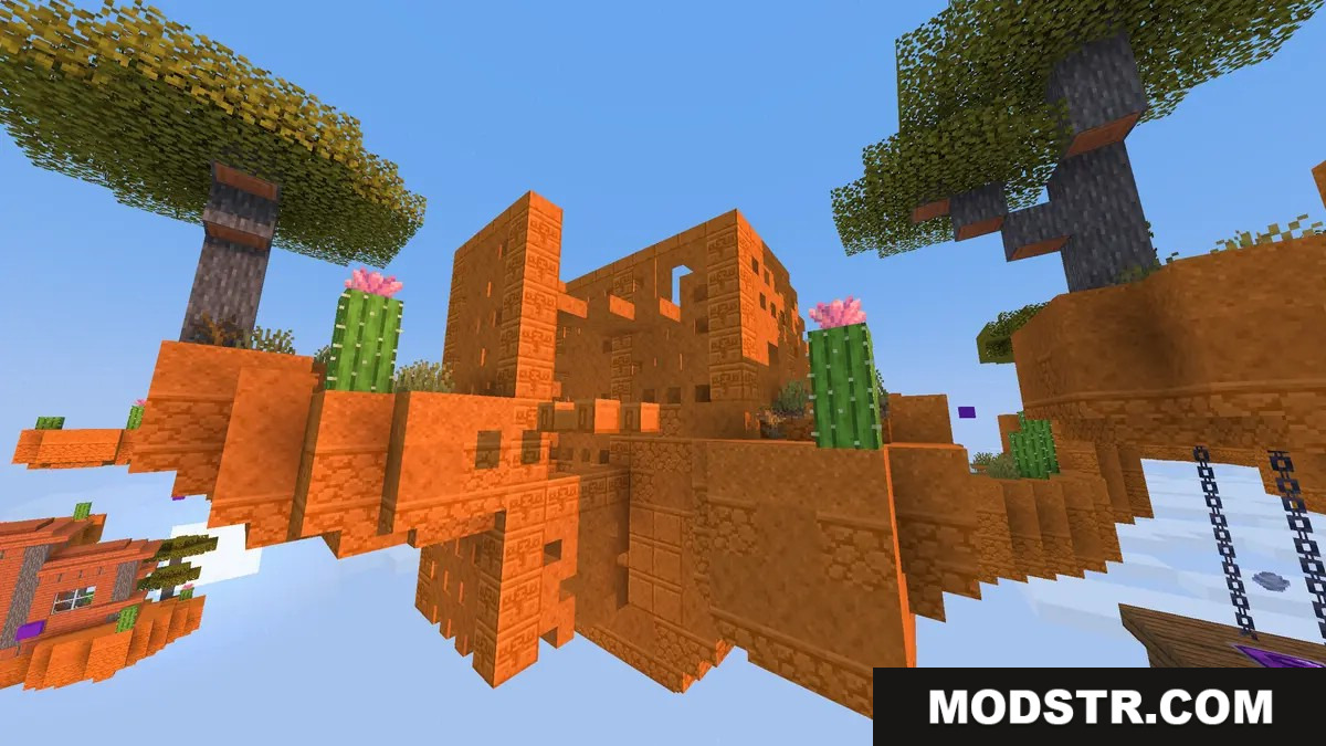 Desert themed floating parkour islands with orange sand blocks and cacti