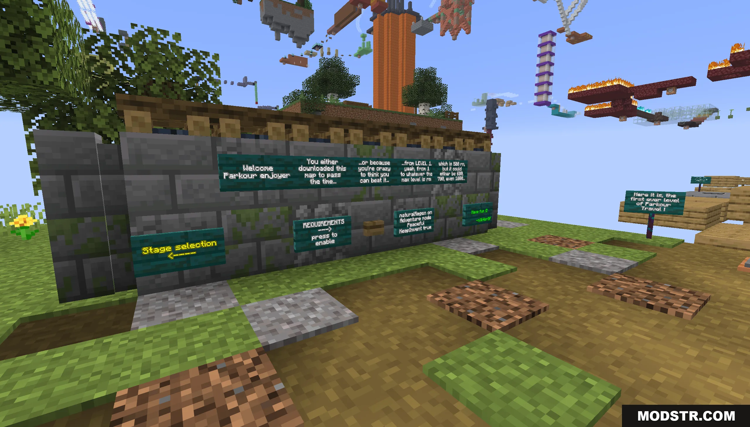 Parkour Travel Map Screenshot 1 Signs with instructions and stage selection in Parkour Travel Map