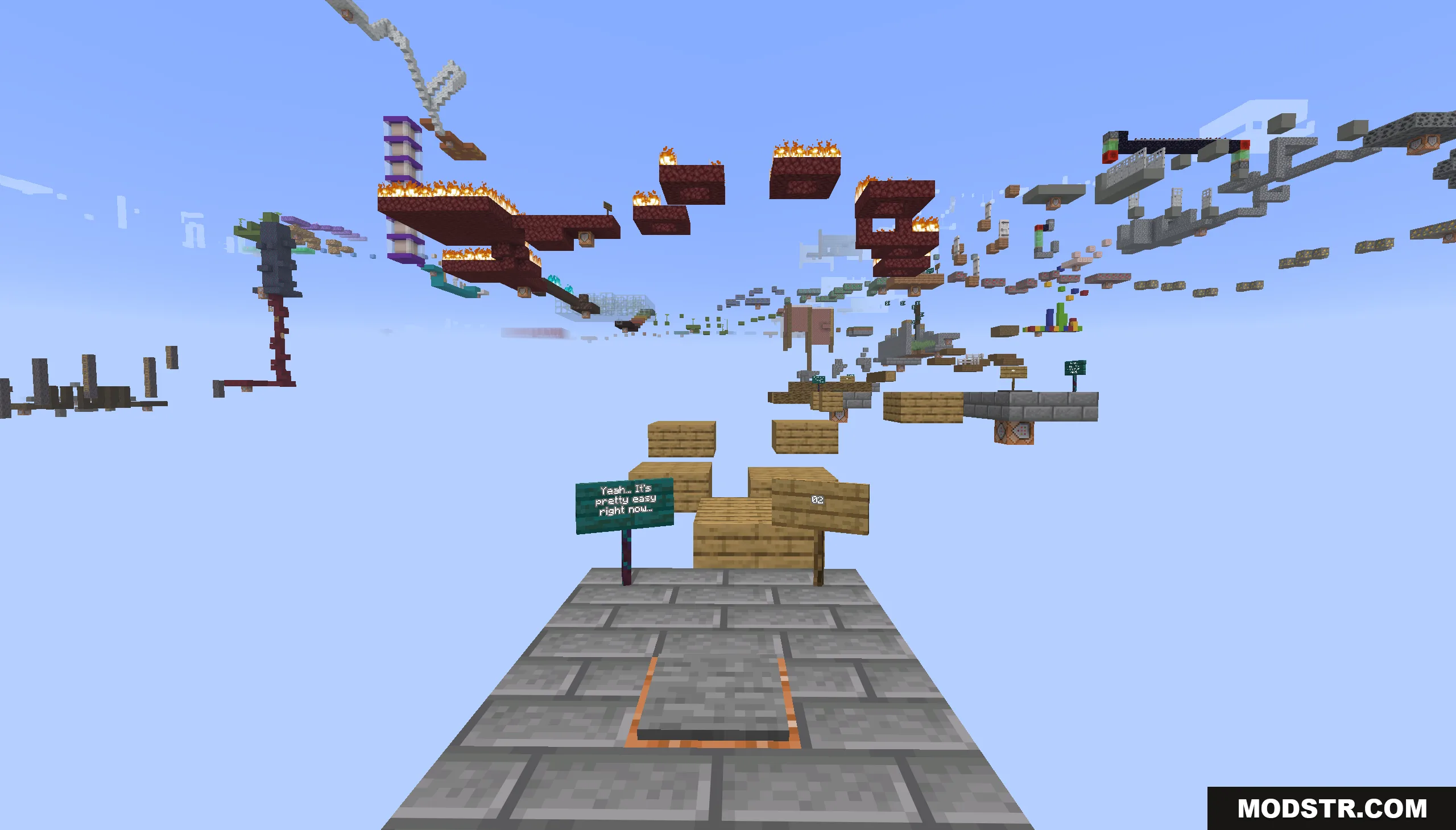 Parkour Travel Map Screenshot 3 A parkour course with floating blocks and signs in the sky