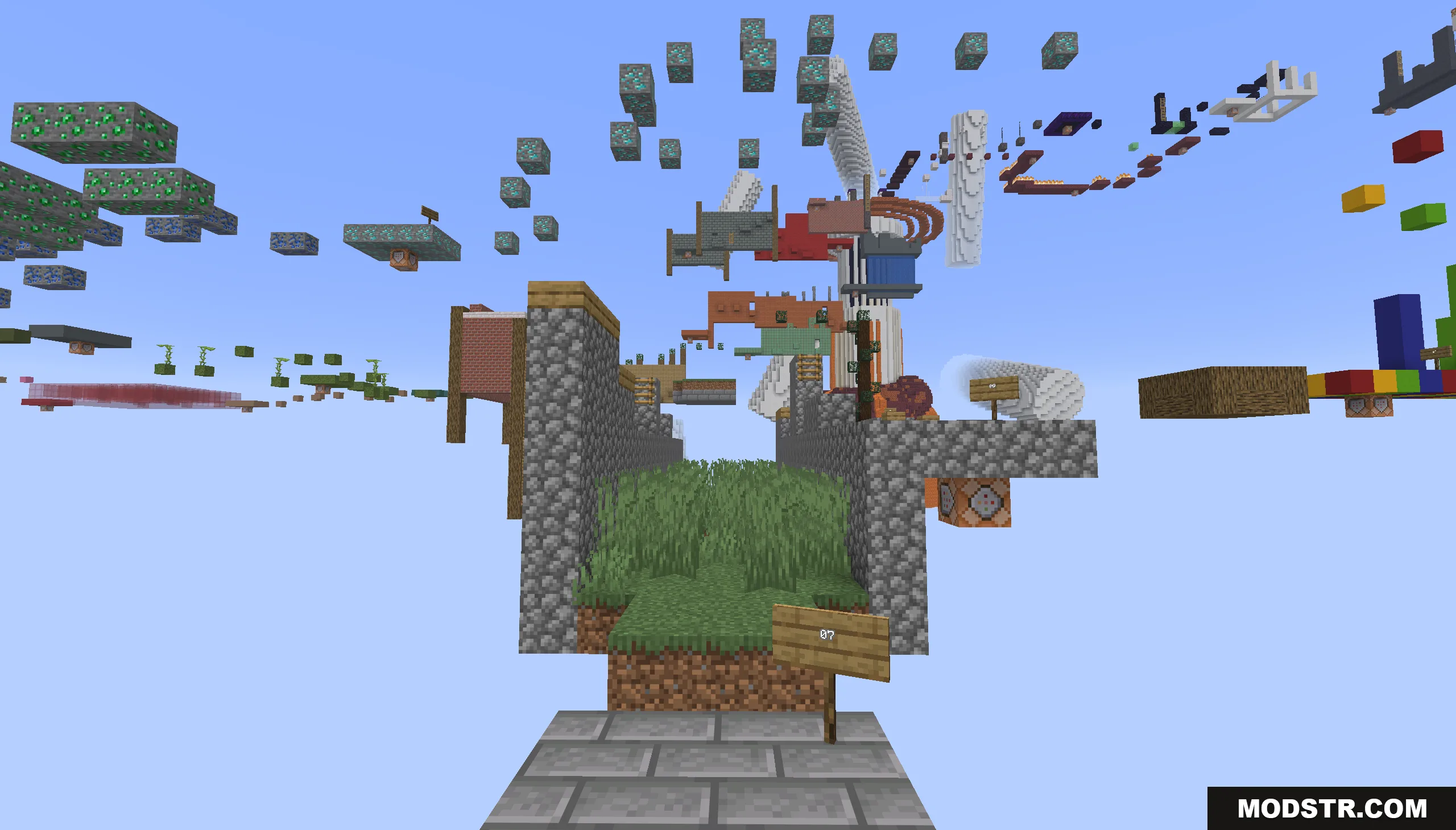 Parkour Travel Map Screenshot 4 A parkour course with floating blocks and signs in the sky