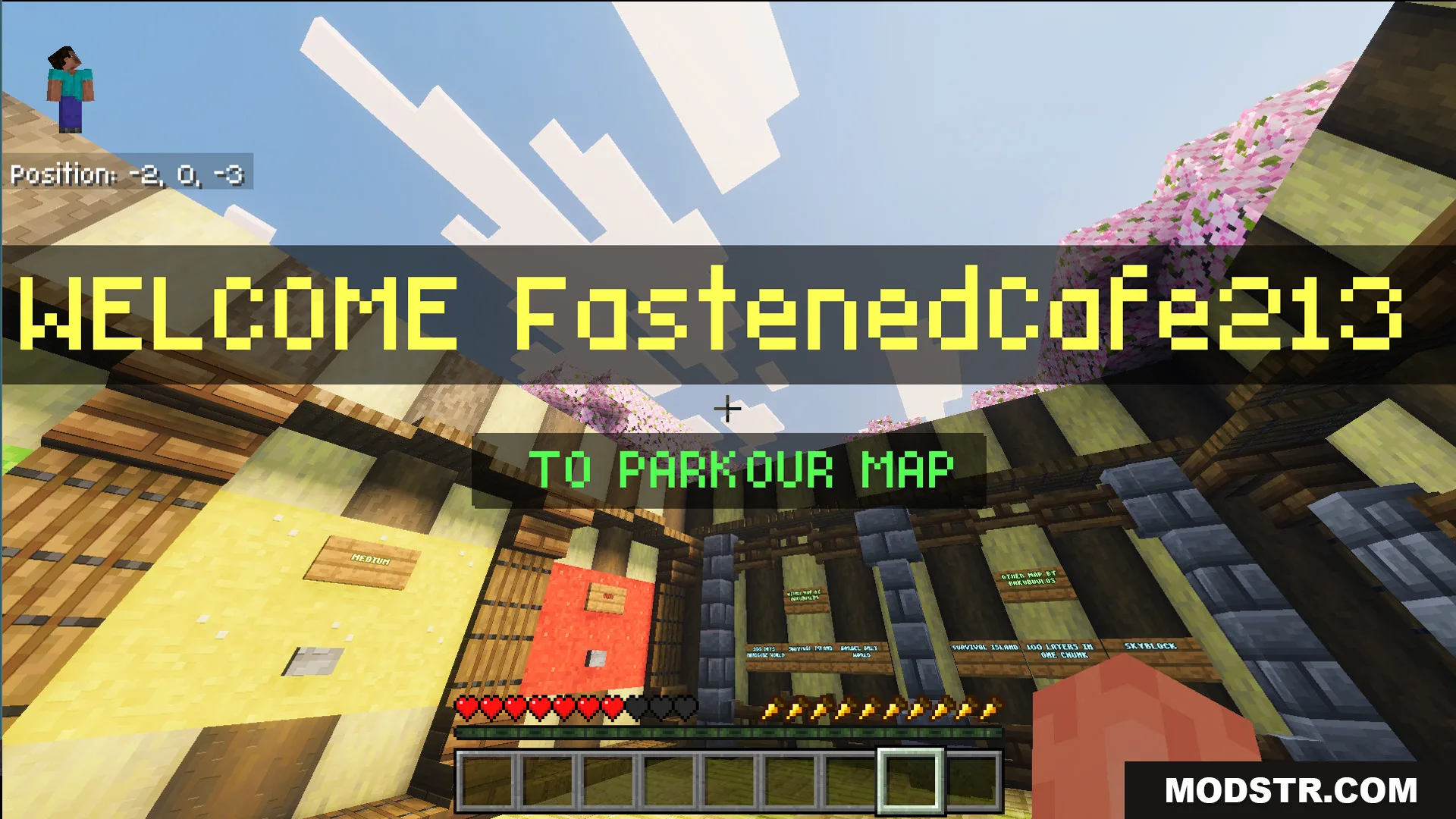 Welcome screen in a wooden lobby within the Parkour with levals Map