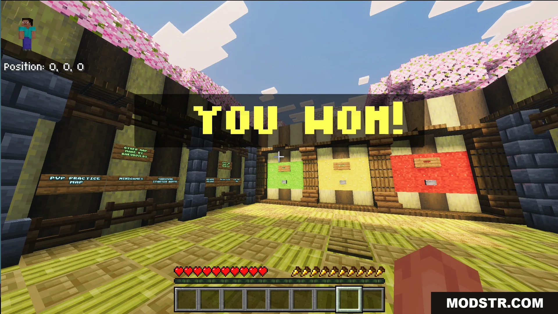 Wooden lobby area displaying a victory message after completing the parkour course