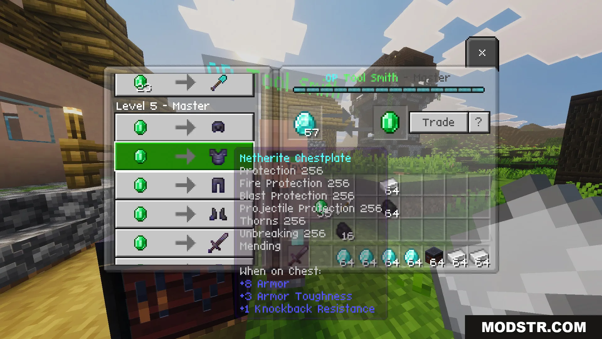 Part II OP Tool Smith Mod Map Screenshot 6 Master level villager trade offering overpowered netherite armor with high level enchantments