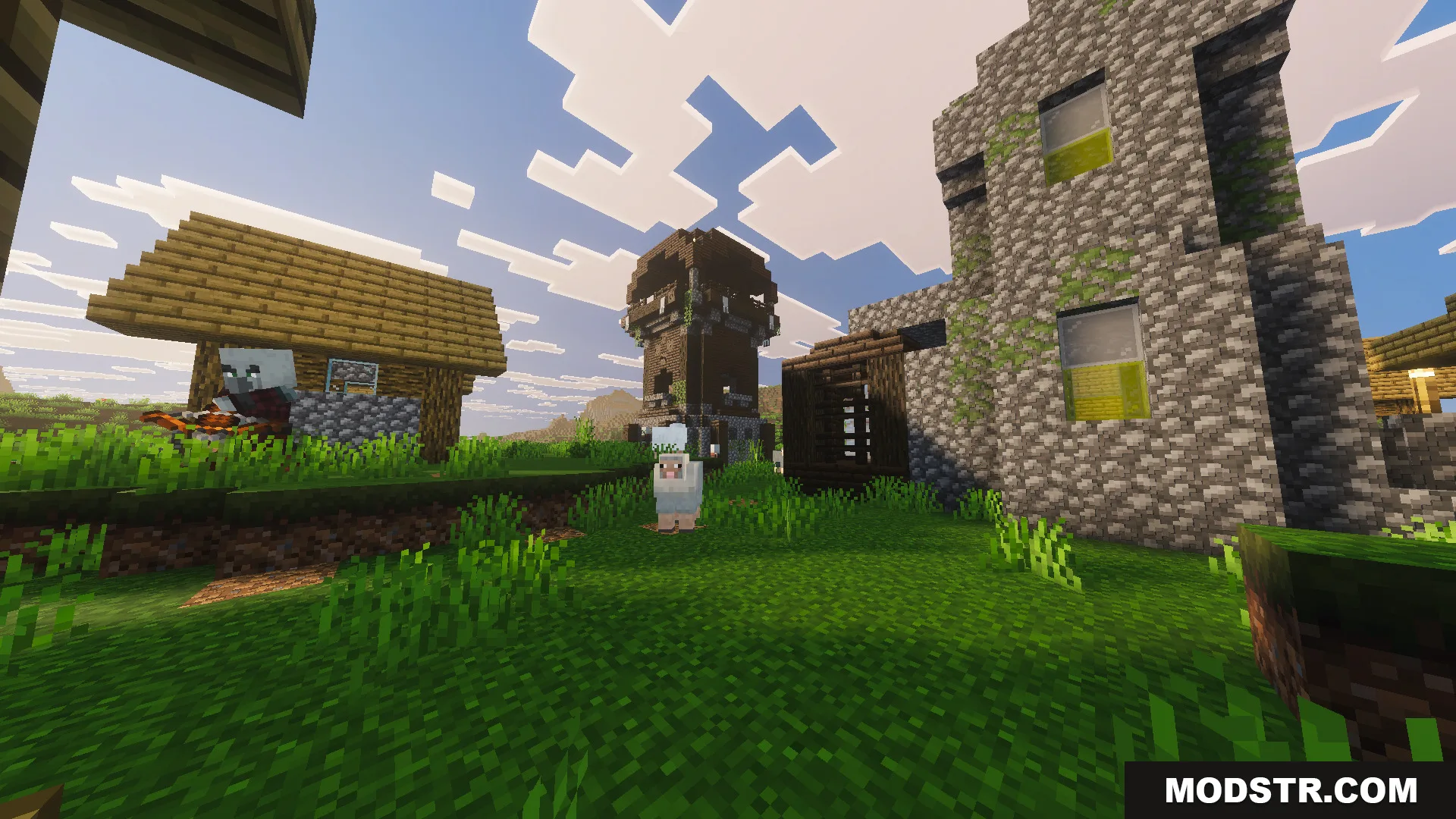 Part II OP Tool Smith Mod Map Screenshot 1 A pillager with a crossbow near village houses and a stone tower