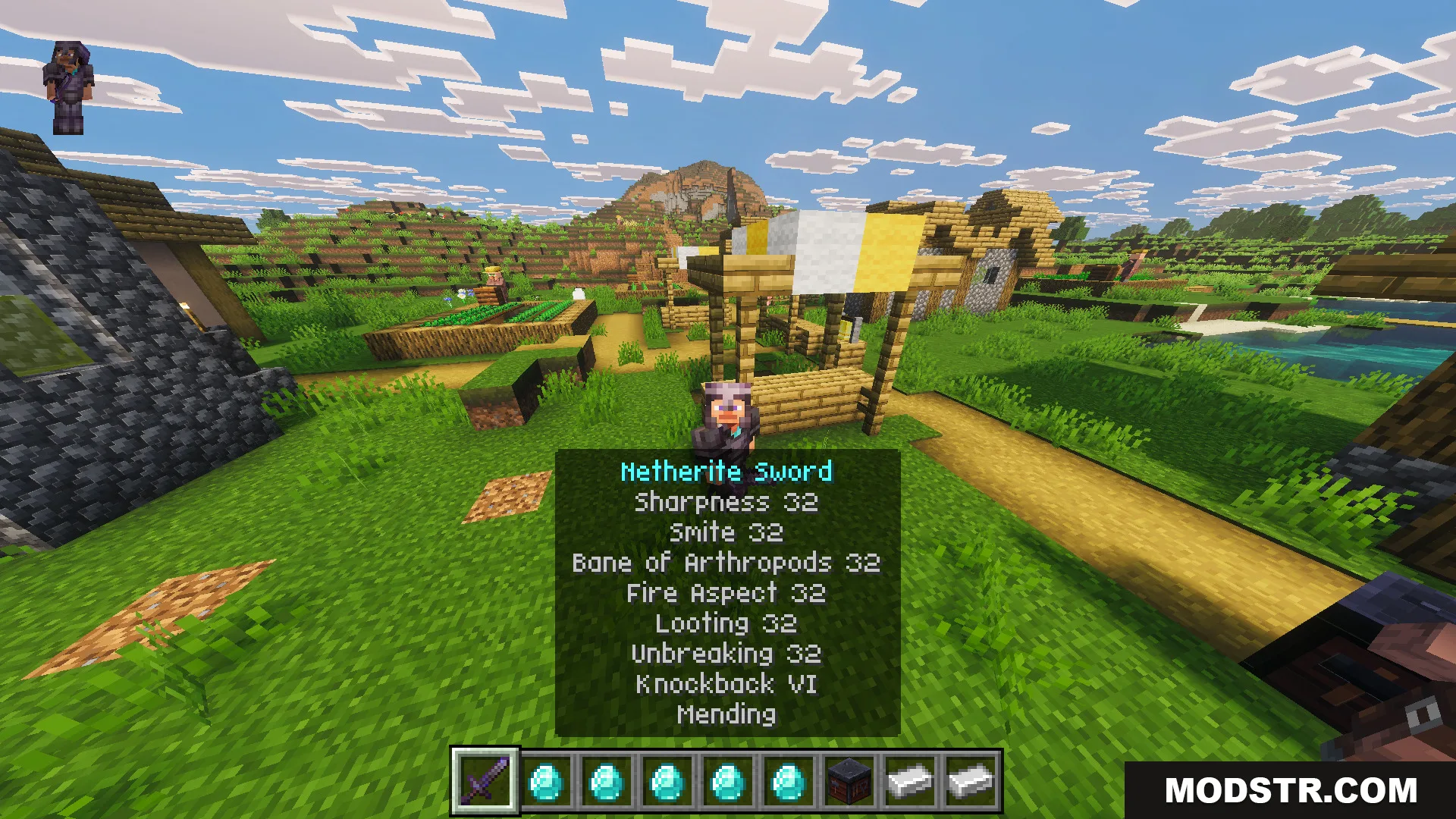 Part II OP Tool Smith Mod Map Screenshot 8 Player holding a netherite sword with level thirty two enchantments in a village