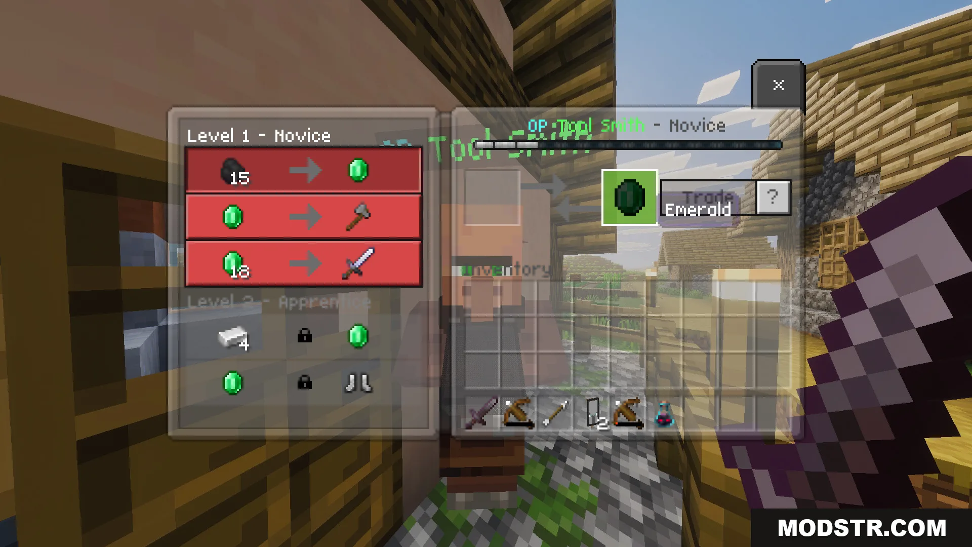 Part II OP Tool Smith Mod Map Screenshot 3 Player holds a purple sword while viewing novice level villager trade offers