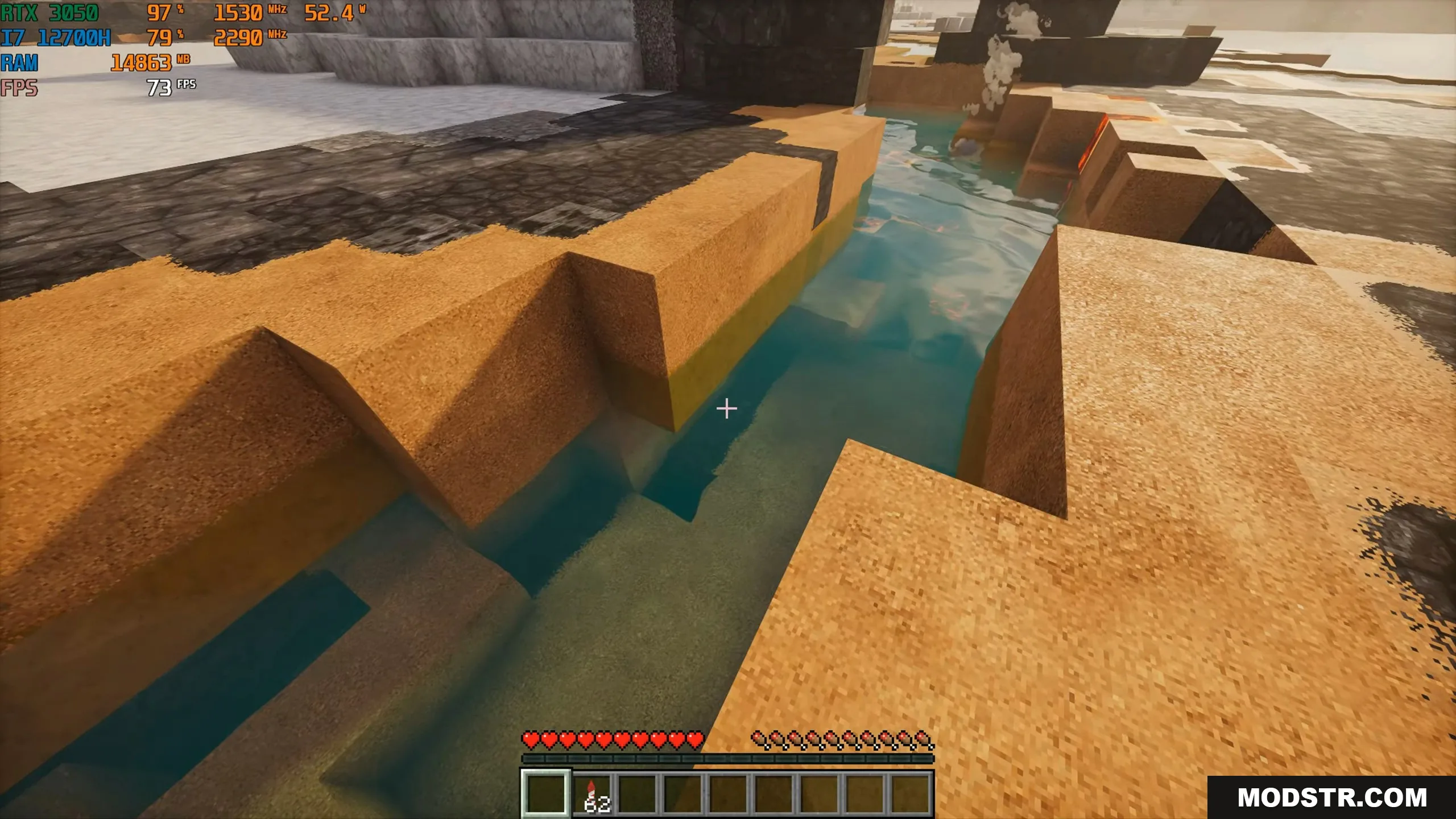Realistic water flowing through a narrow channel between high resolution sand blocks