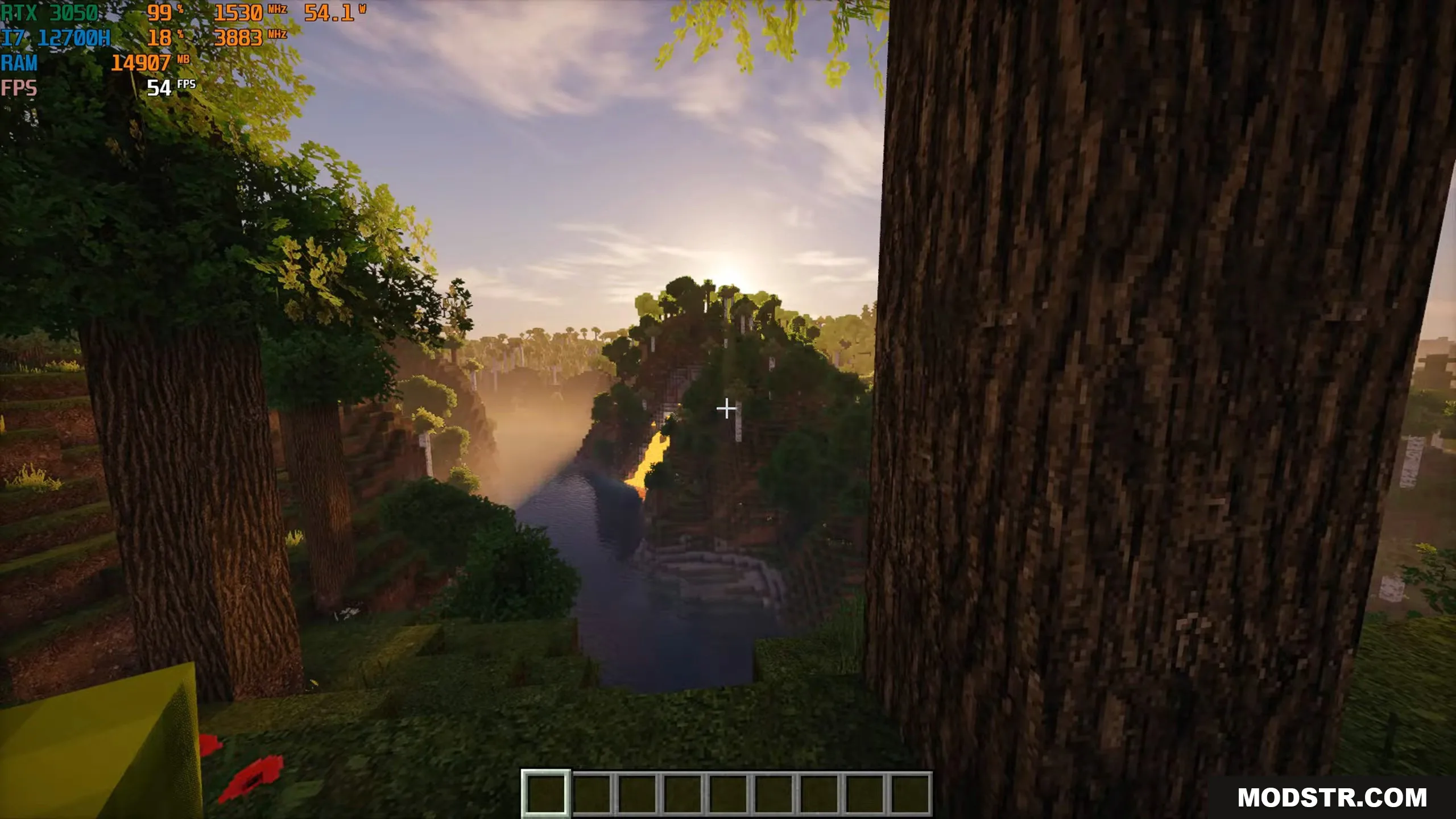 Sunlight shining through realistic tree bark overlooking a river in a valley