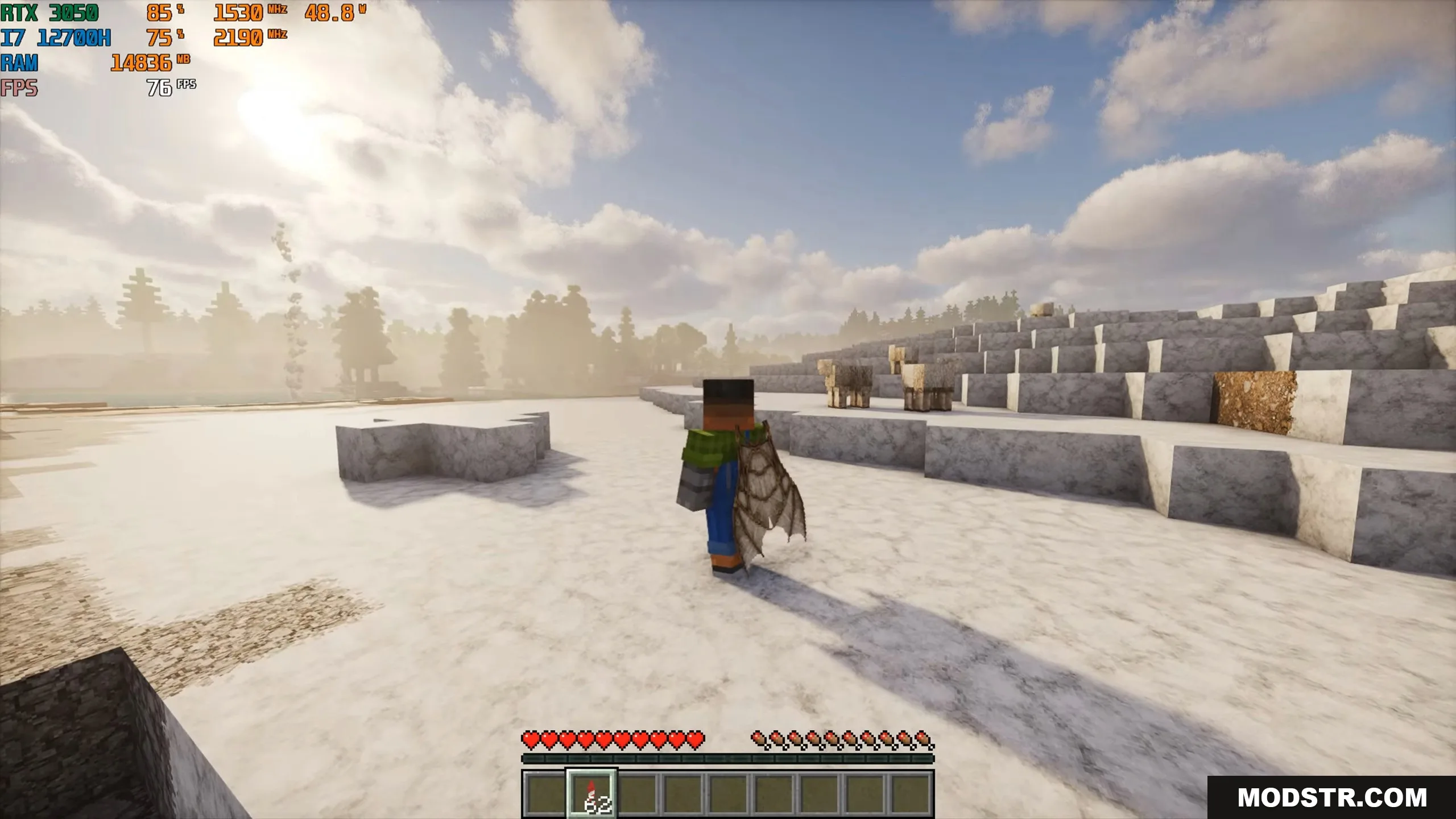 Character wearing elytra standing on detailed snowy terrain near a group of sheep