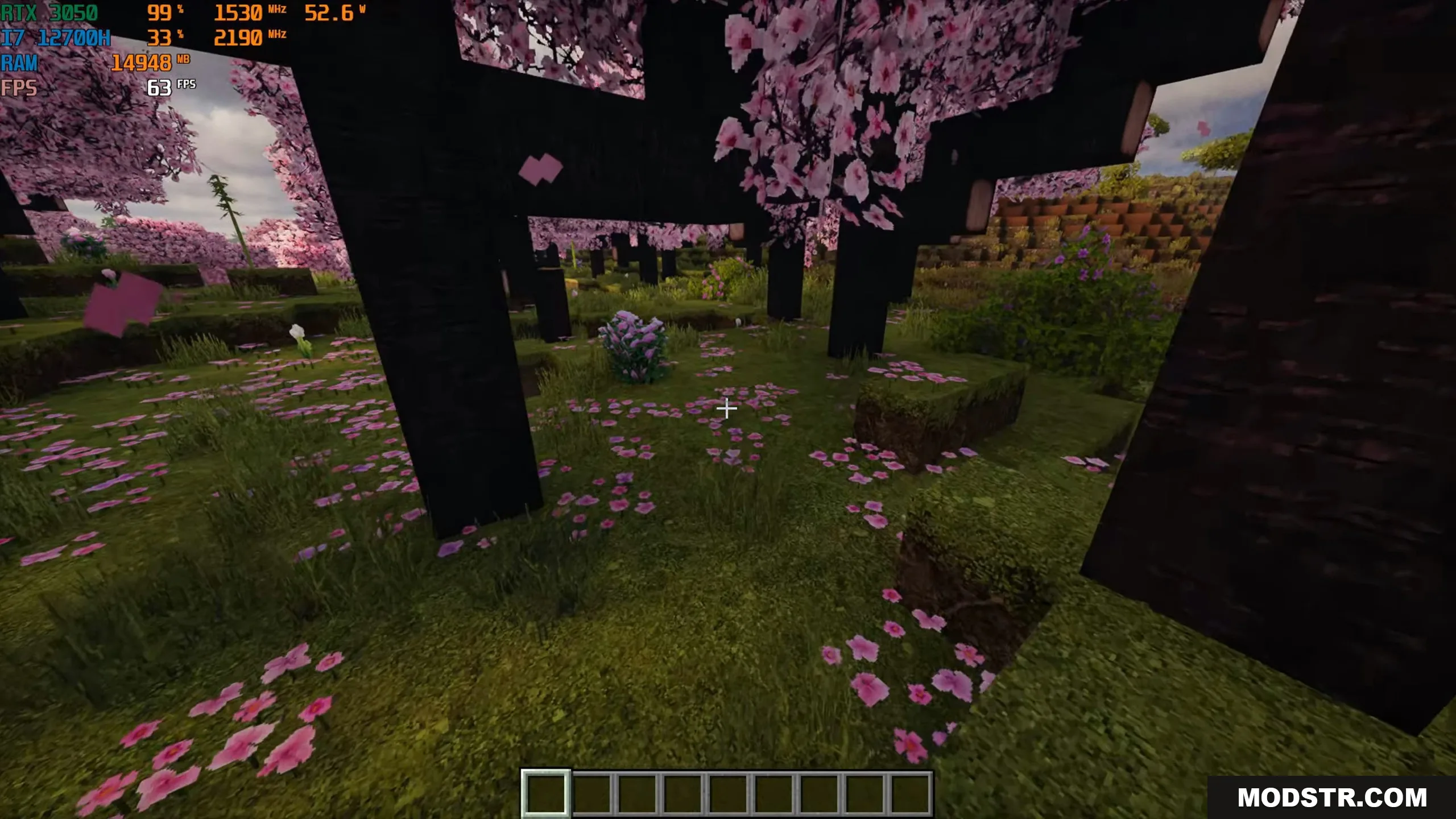 Realistic cherry blossom forest with detailed textures and models in Minecraft