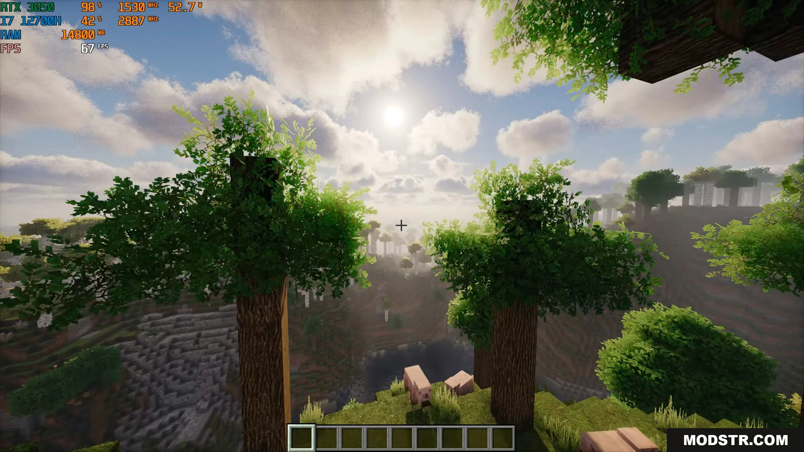 Scenic landscape view featuring realistic trees and pigs under a bright sun