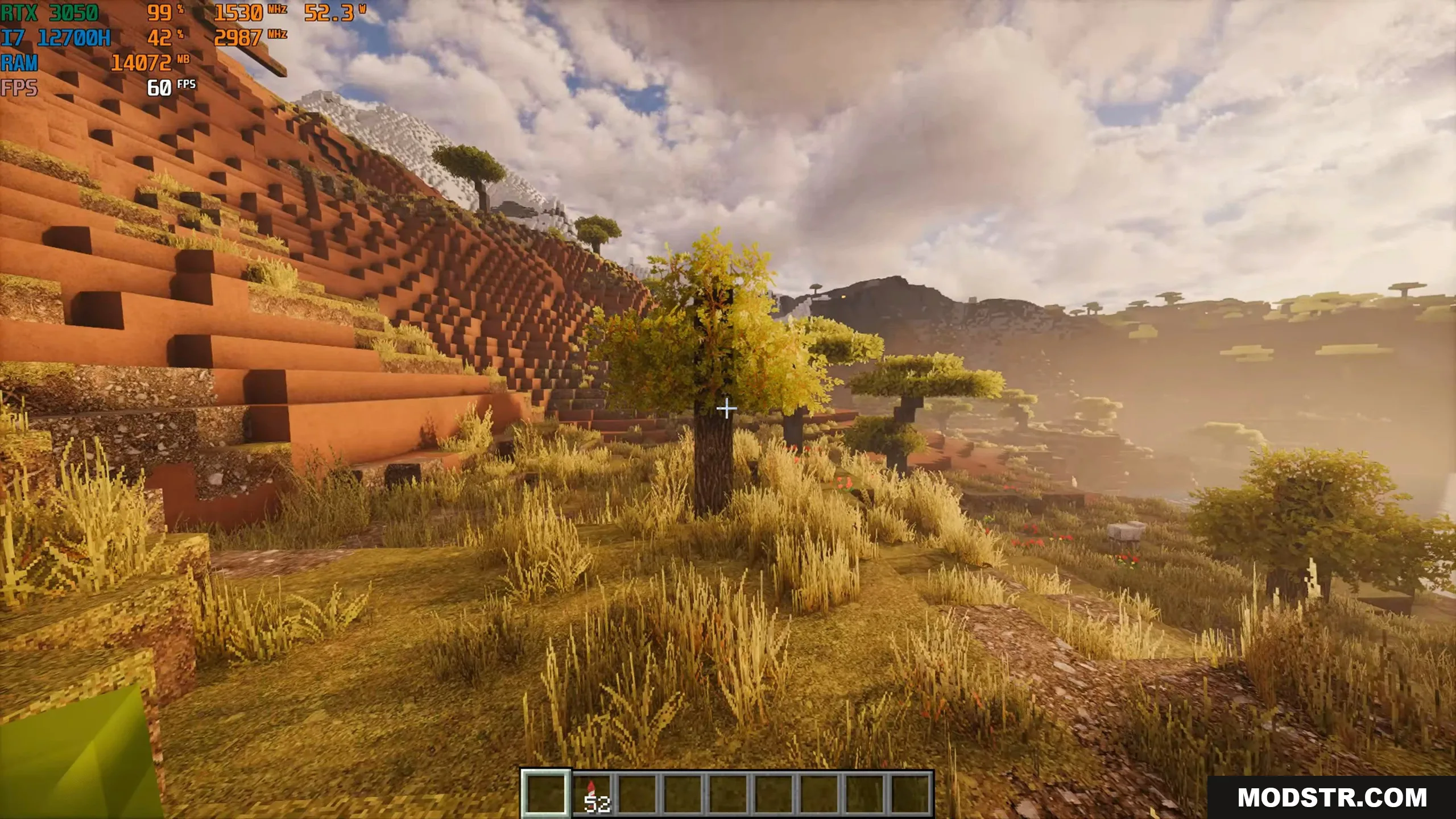 A scenic savanna landscape with realistic textures and a terraced hillside