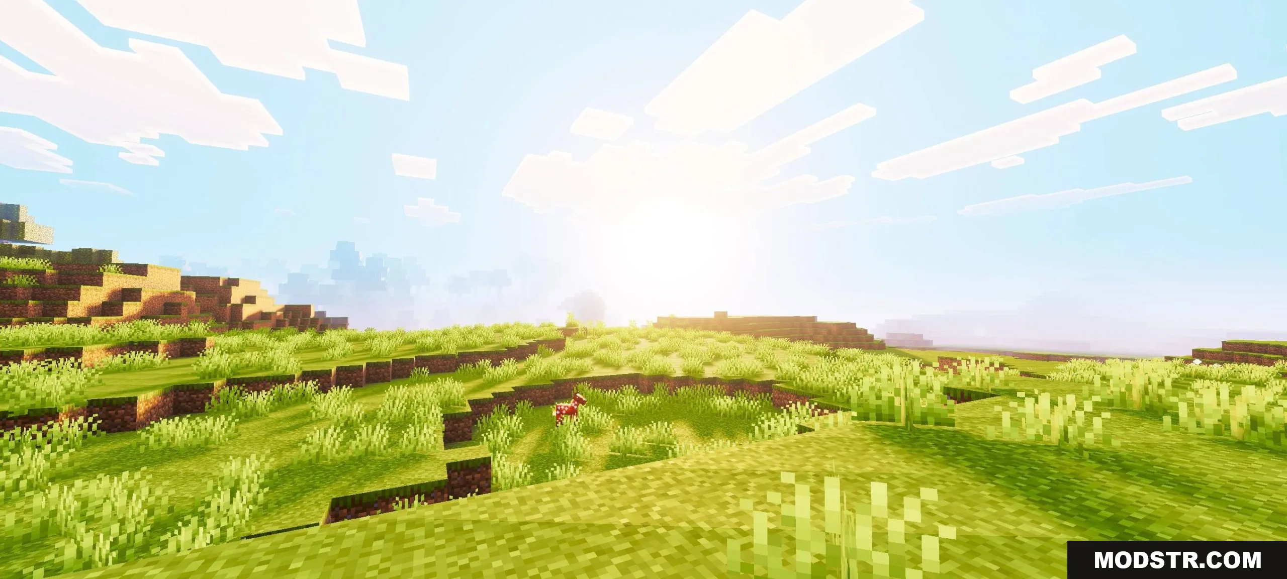 Vibrant green hills and a mob under a bright sun with soft lighting