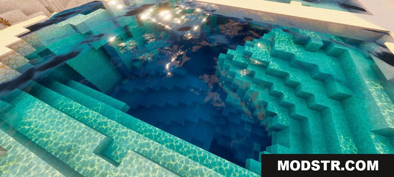 Realistic water reflections and light rays in a deep blue blocky pool