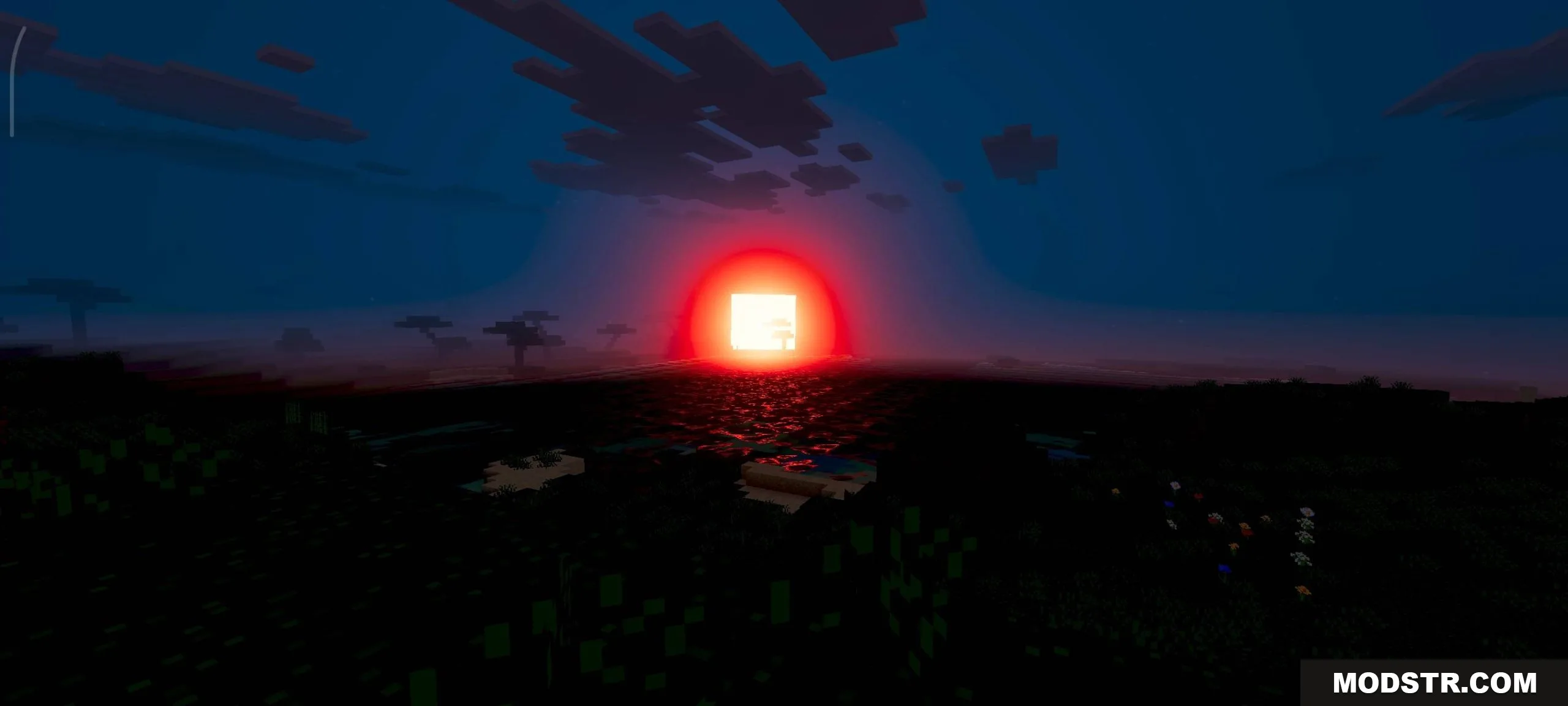 Deep red sun setting over a dark landscape with soft vibrant visuals