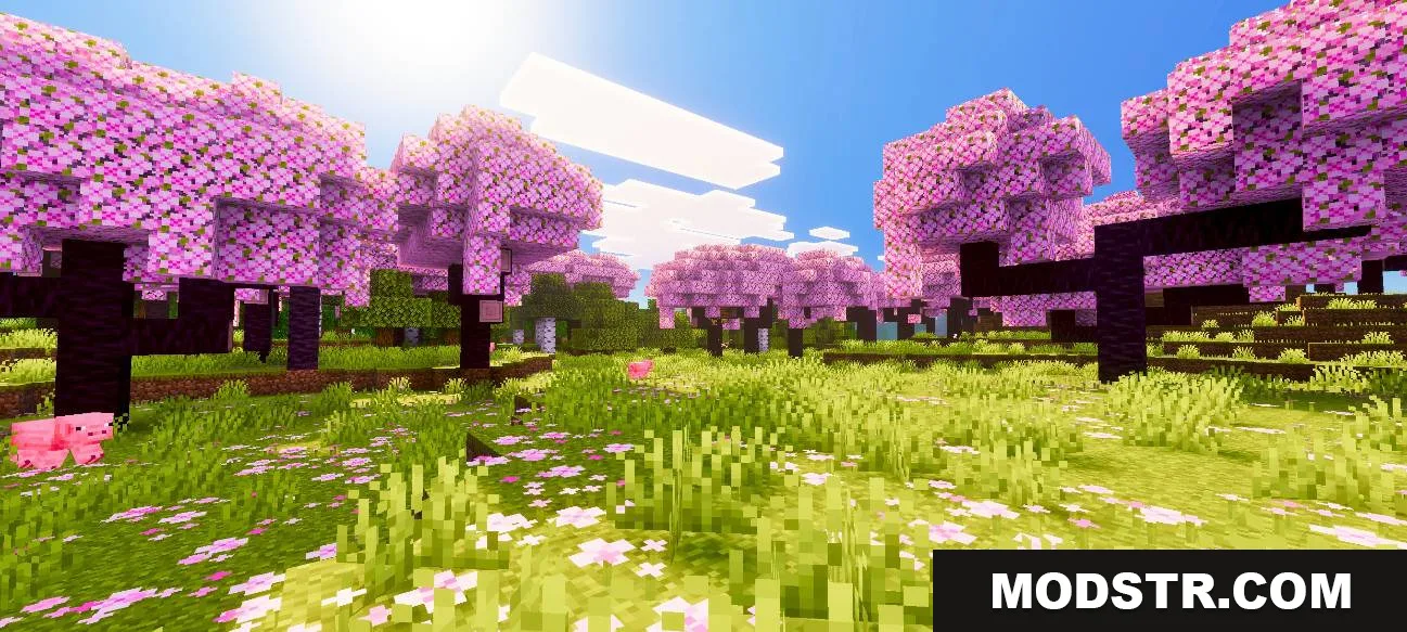 Vibrant cherry blossom forest with pink trees and a pig on the grass