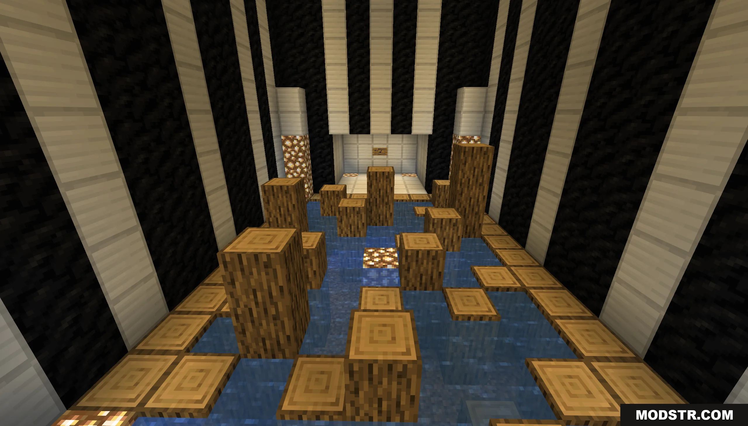 Challenging parkour level with wooden logs over water in a striped room