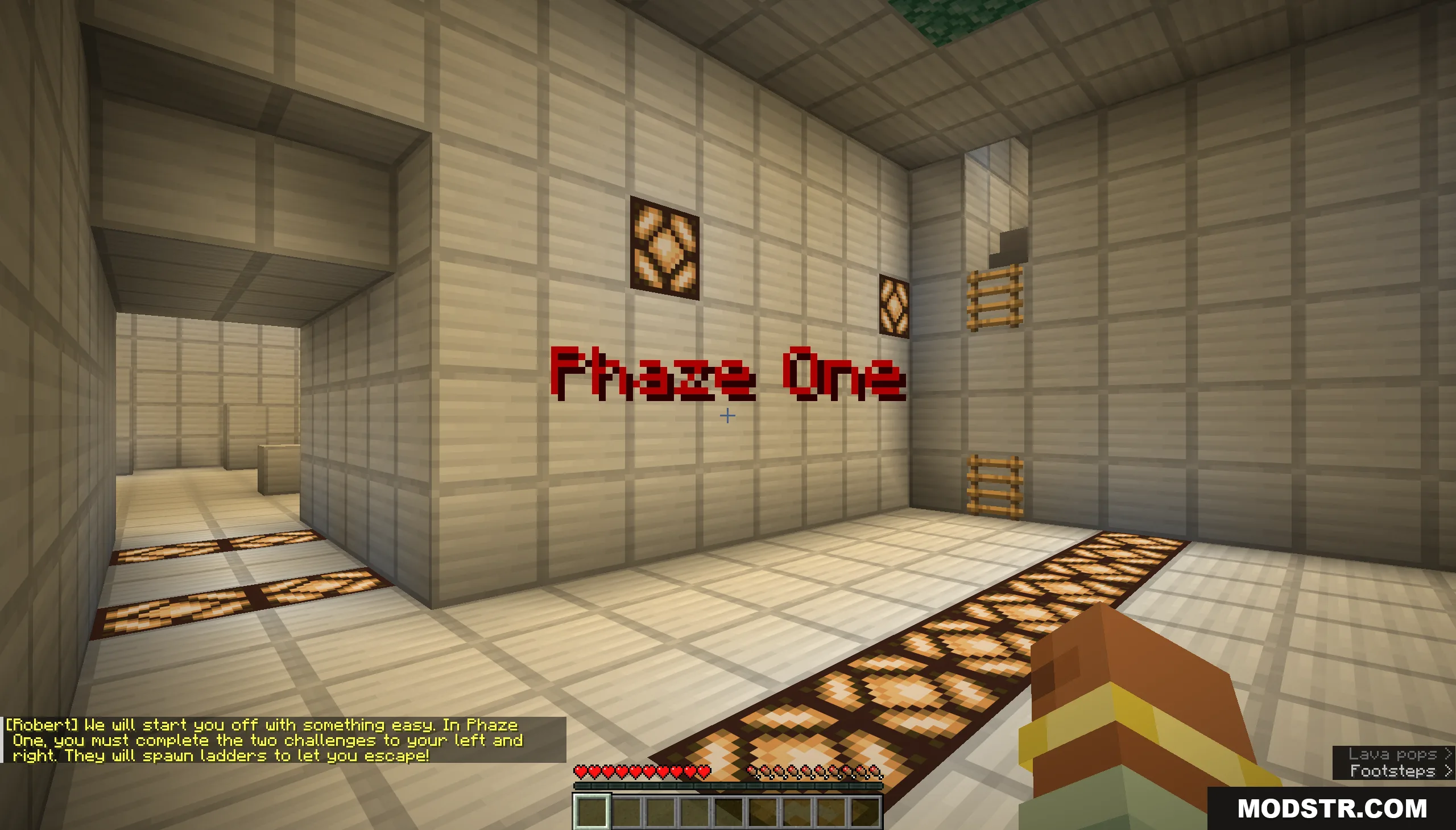 A white tiled room with floating red text and a wooden ladder
