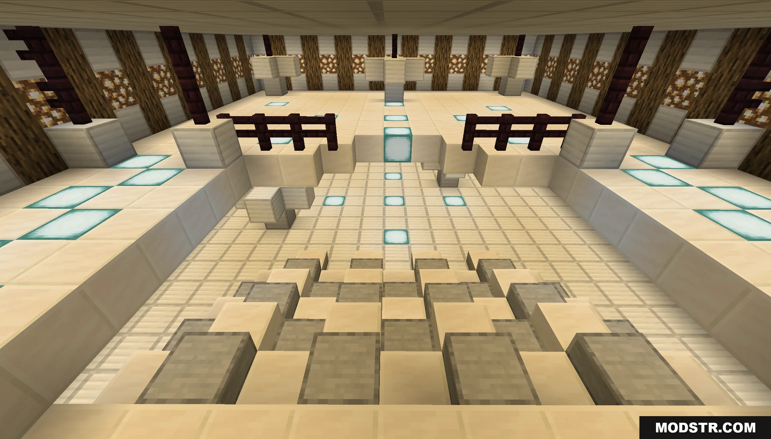 A futuristic quartz parkour room with tiered blocks and sea lantern lighting