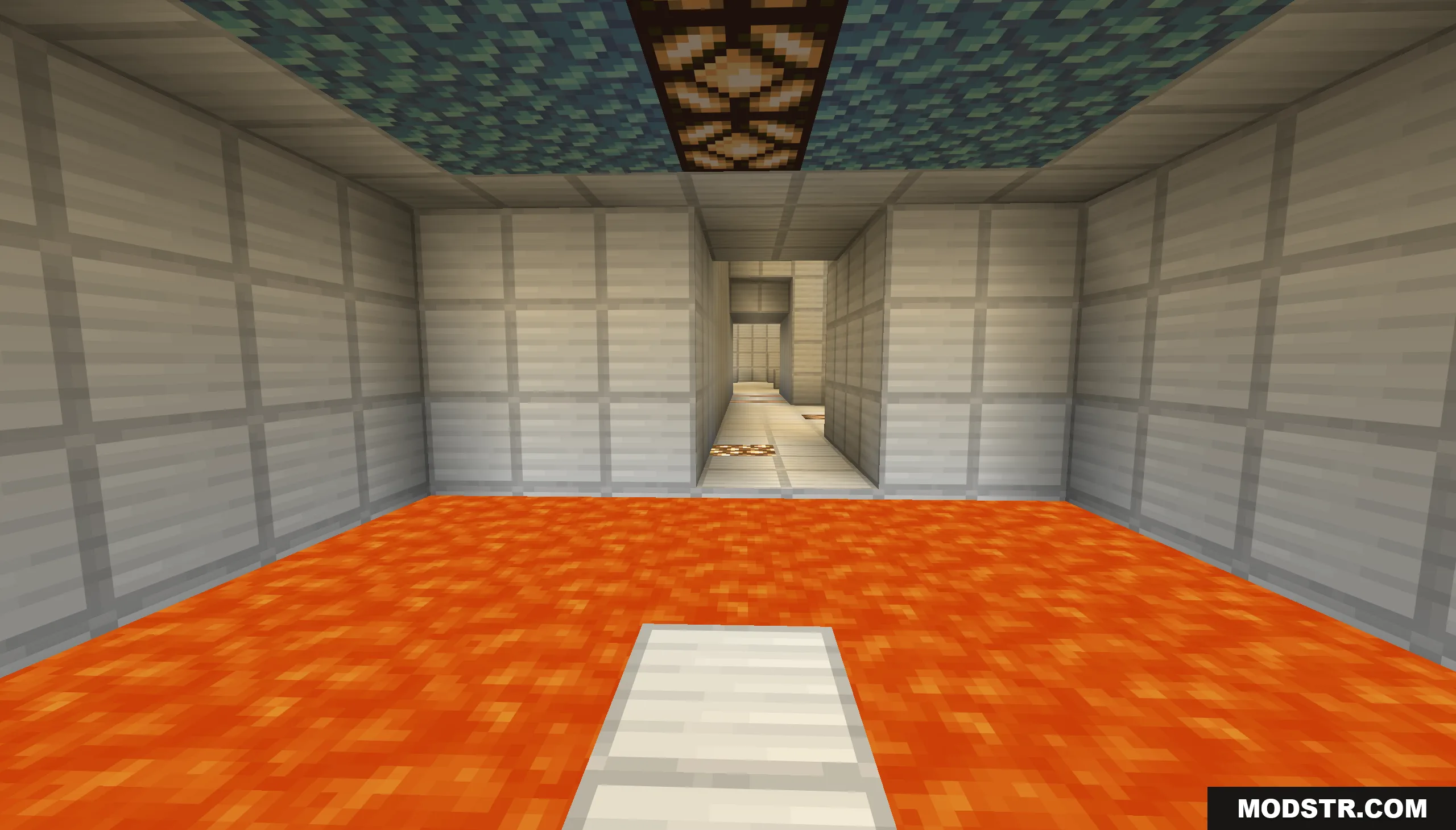 A narrow white path leading across a large pool of orange lava