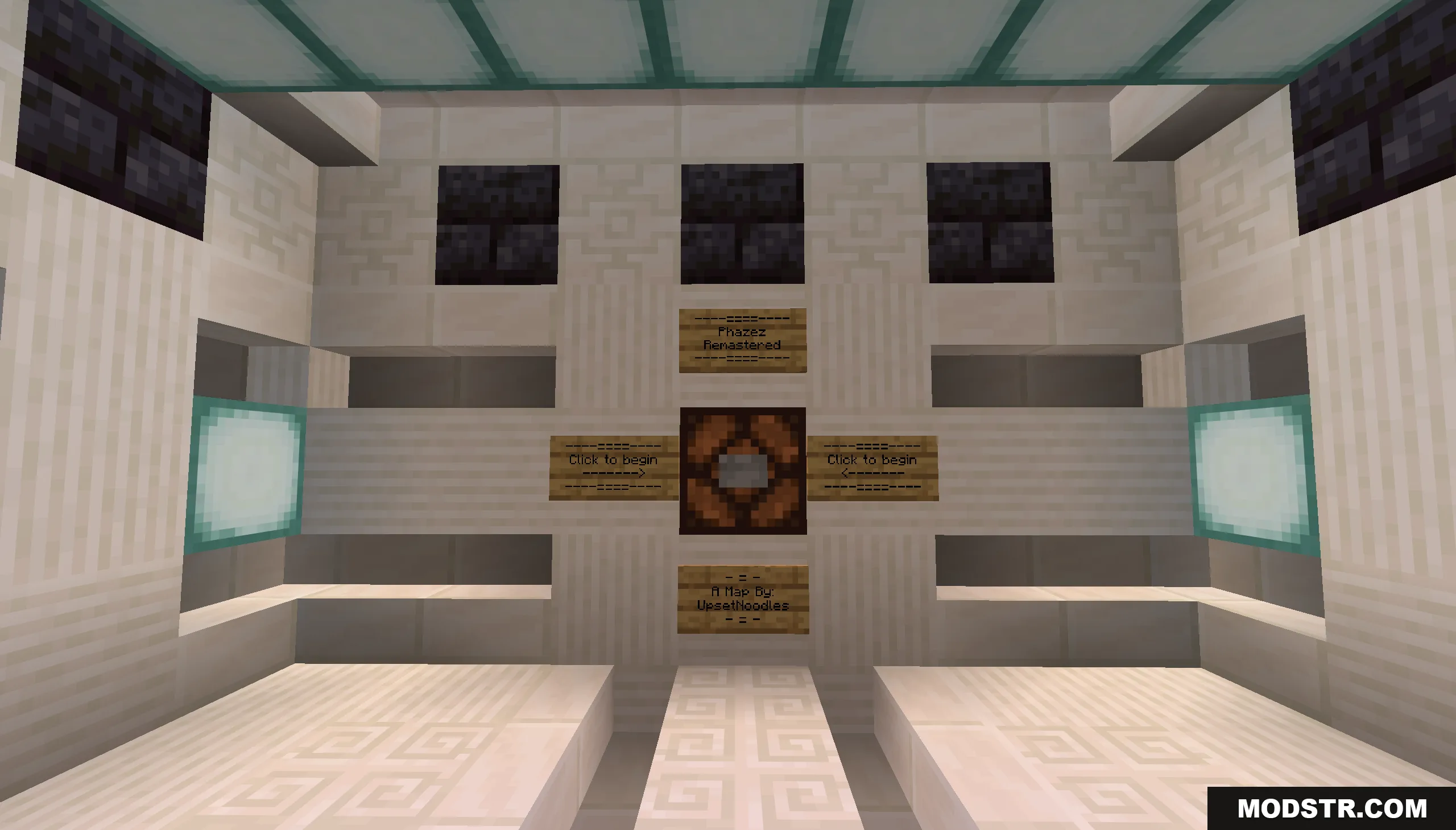 The lobby of Phazez Remastered Map featuring signs and a start button