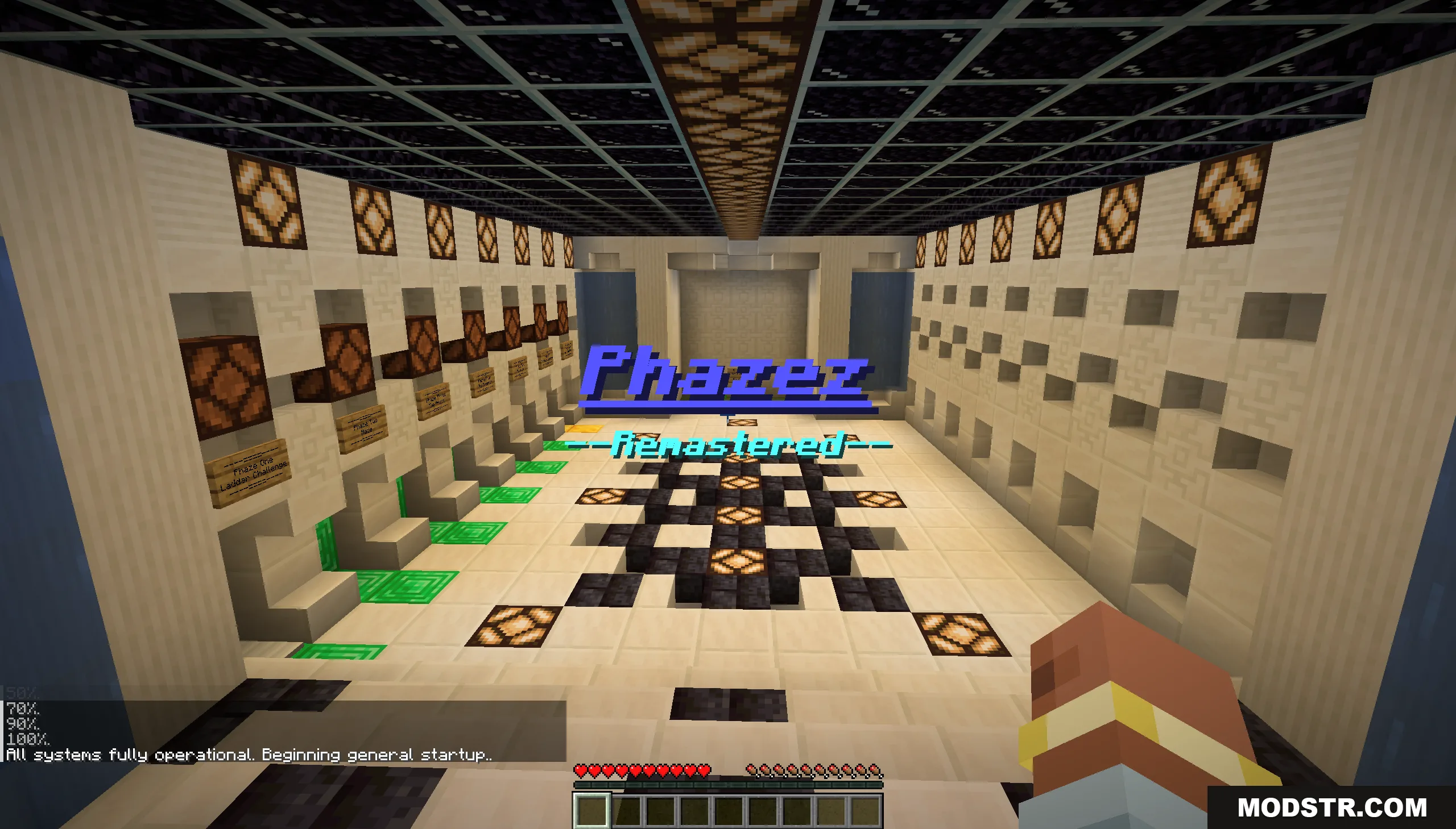 A large futuristic room in Minecraft featuring the Phazez Remastered title