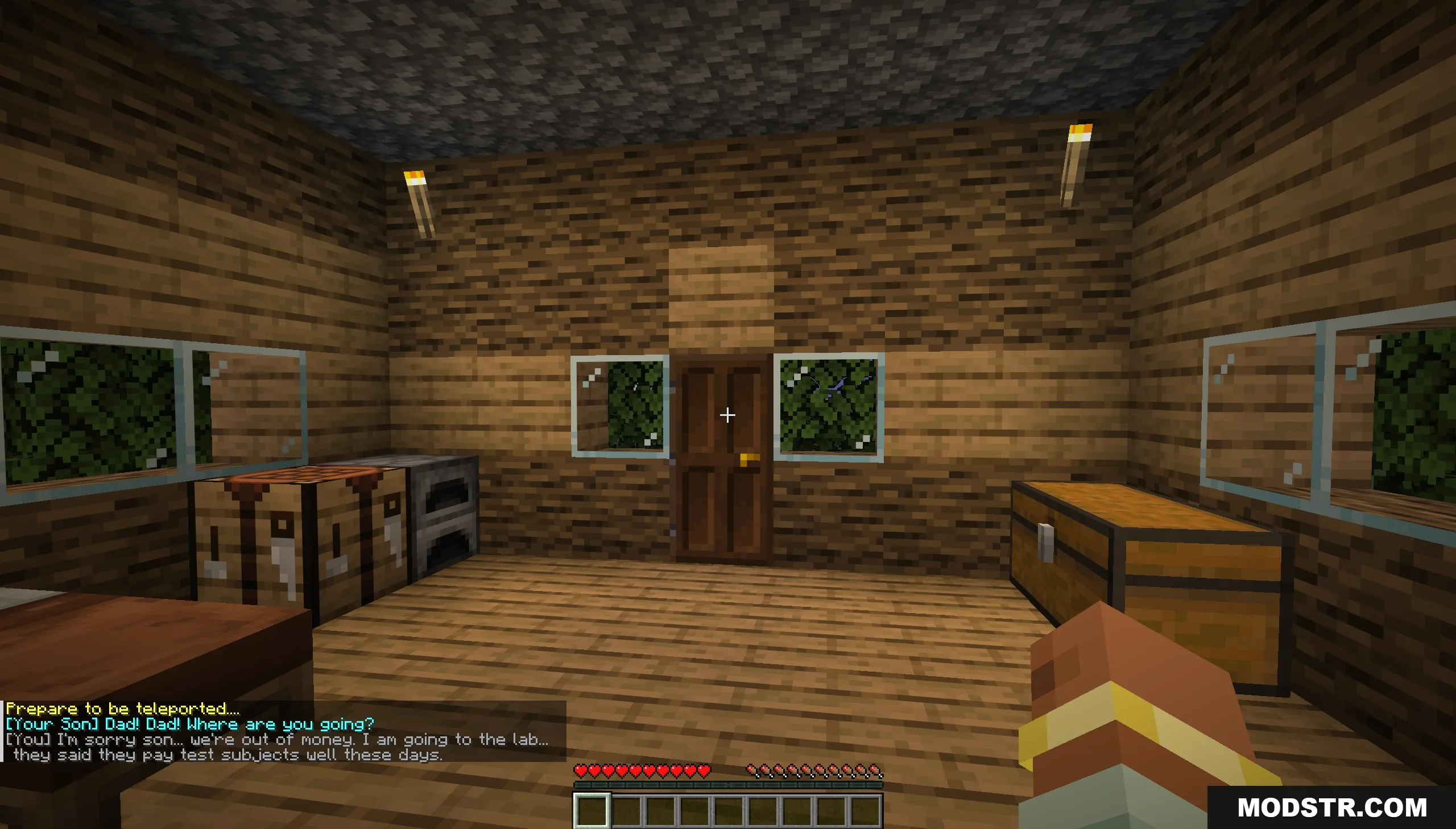 Player standing in a wooden room reading story dialogue in the chat