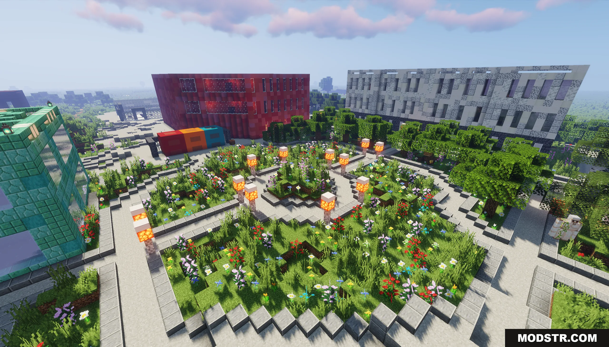 Pholon City Map Screenshot 2 Landscaped city garden square with flowers walkways and glowing lamps near modern buildings