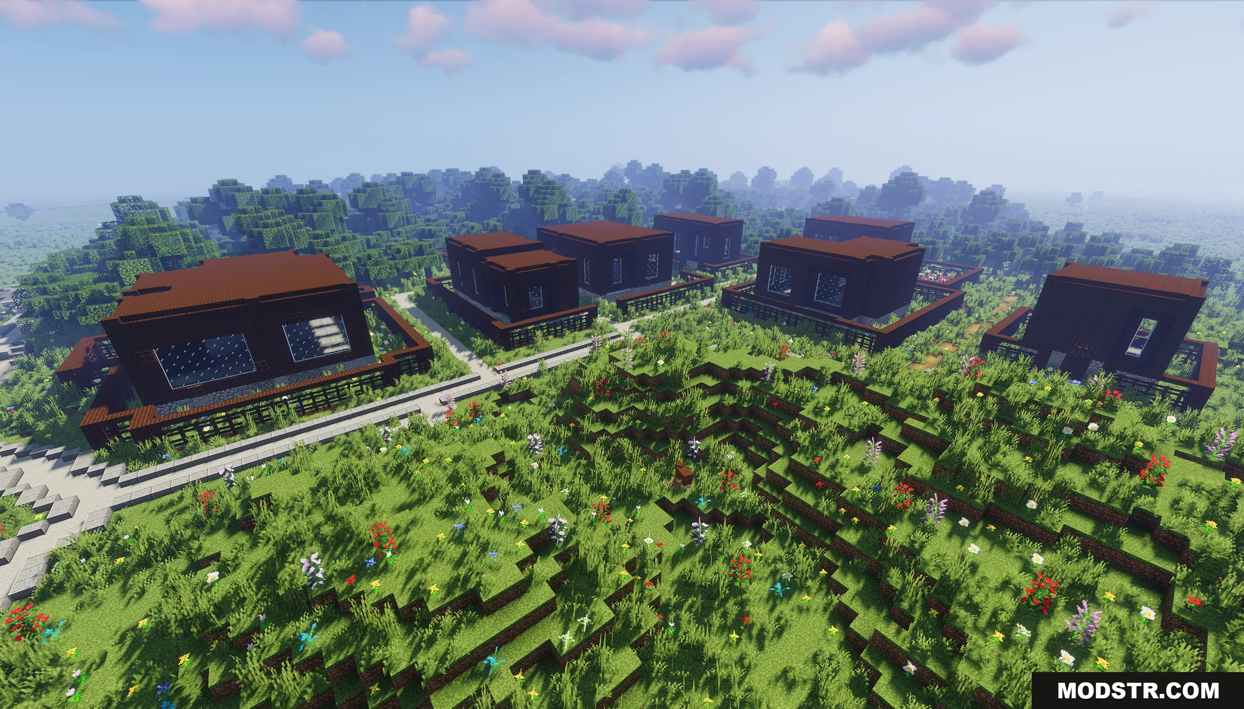 Pholon City Map Screenshot 4 Identical dark brown modern houses arranged in a small neighborhood on grassy hills